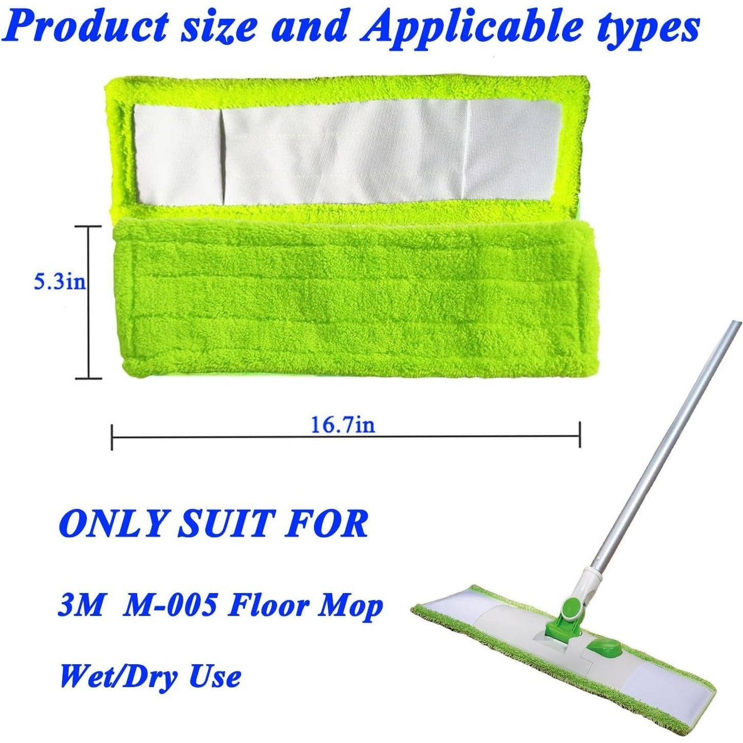 4 Pack Reusable Microfiber Mop Pads Compatible with 3M Scotch-Brite M-005 Floor Mops, 2 Pack Wet and 2 Pack Dry Use Pads Fit for Folding mop 15 in*3.9 in mop Head - Medaid International