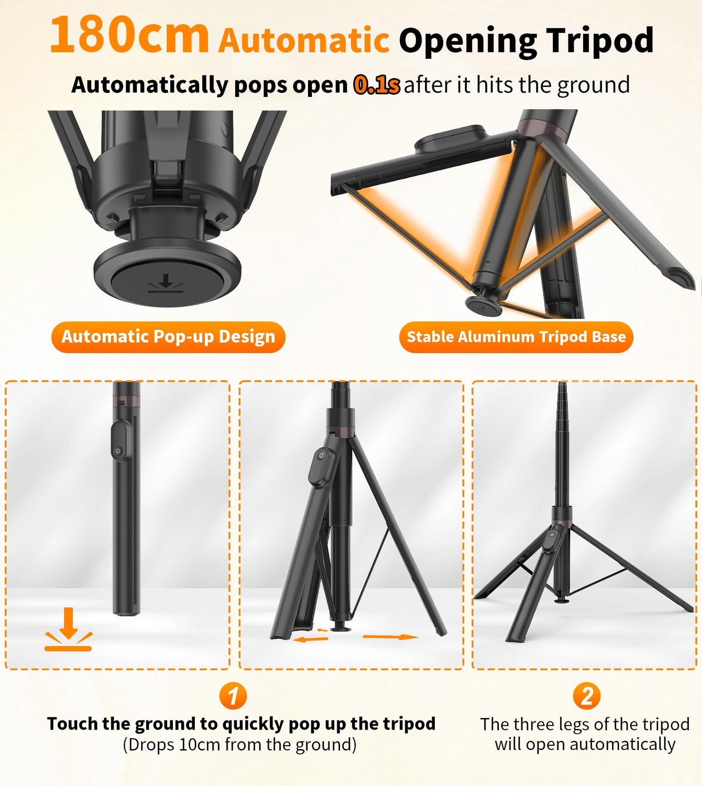 TONEOF 180cm Automatic Selfie Stick, 360° Rotation Phone Stand with Magnetic Remote, Cell Phone Tripod Compatible with iPhone (Black) - Medaid International