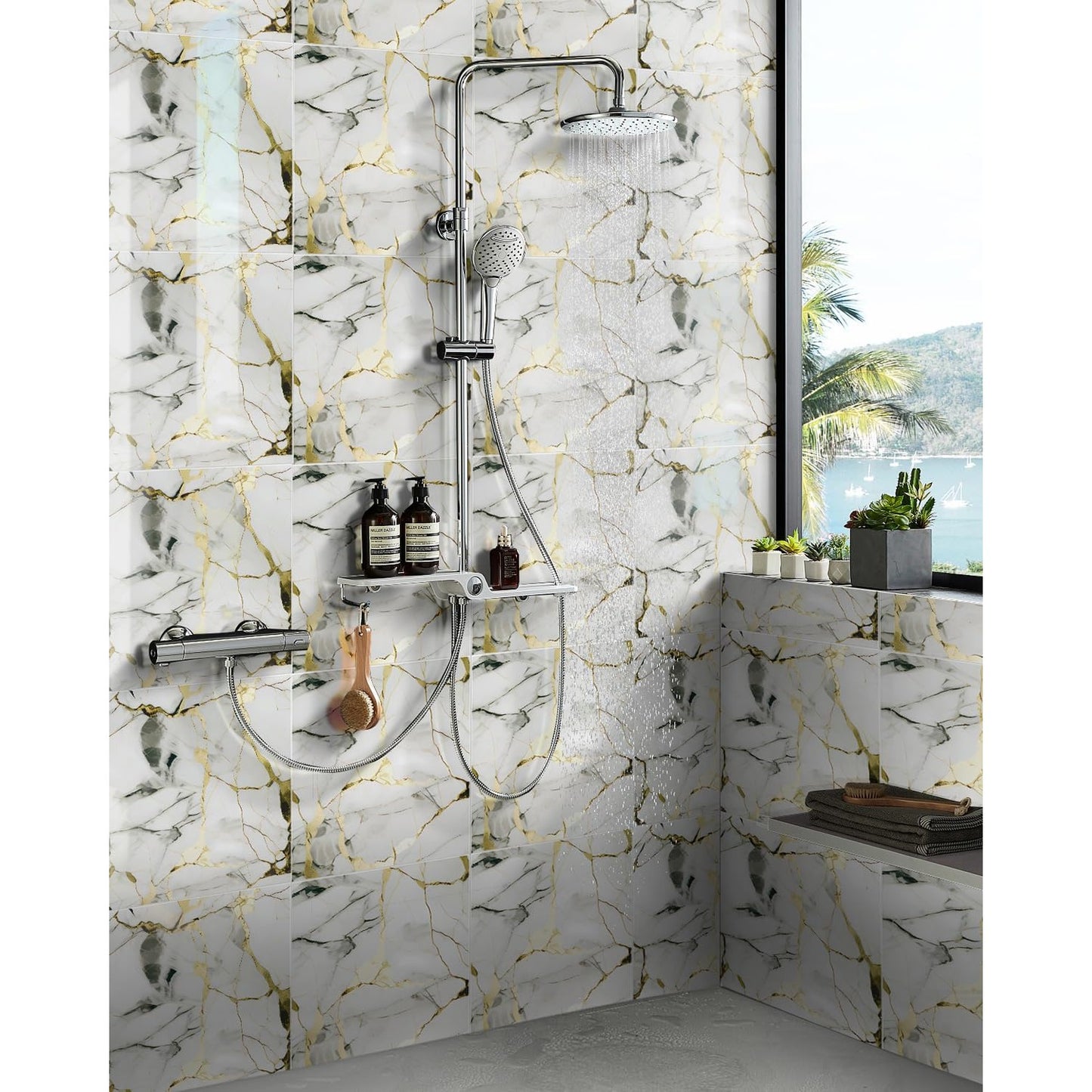 BESTWOO 10 Sheets Marble Peel and Stick Backsplash Tile, 12"x12" Waterproof PVC Self Adhesive Tile Shower Wall Panels for Bathroom, Kitchen, Living Room (Gold White) - Medaid International