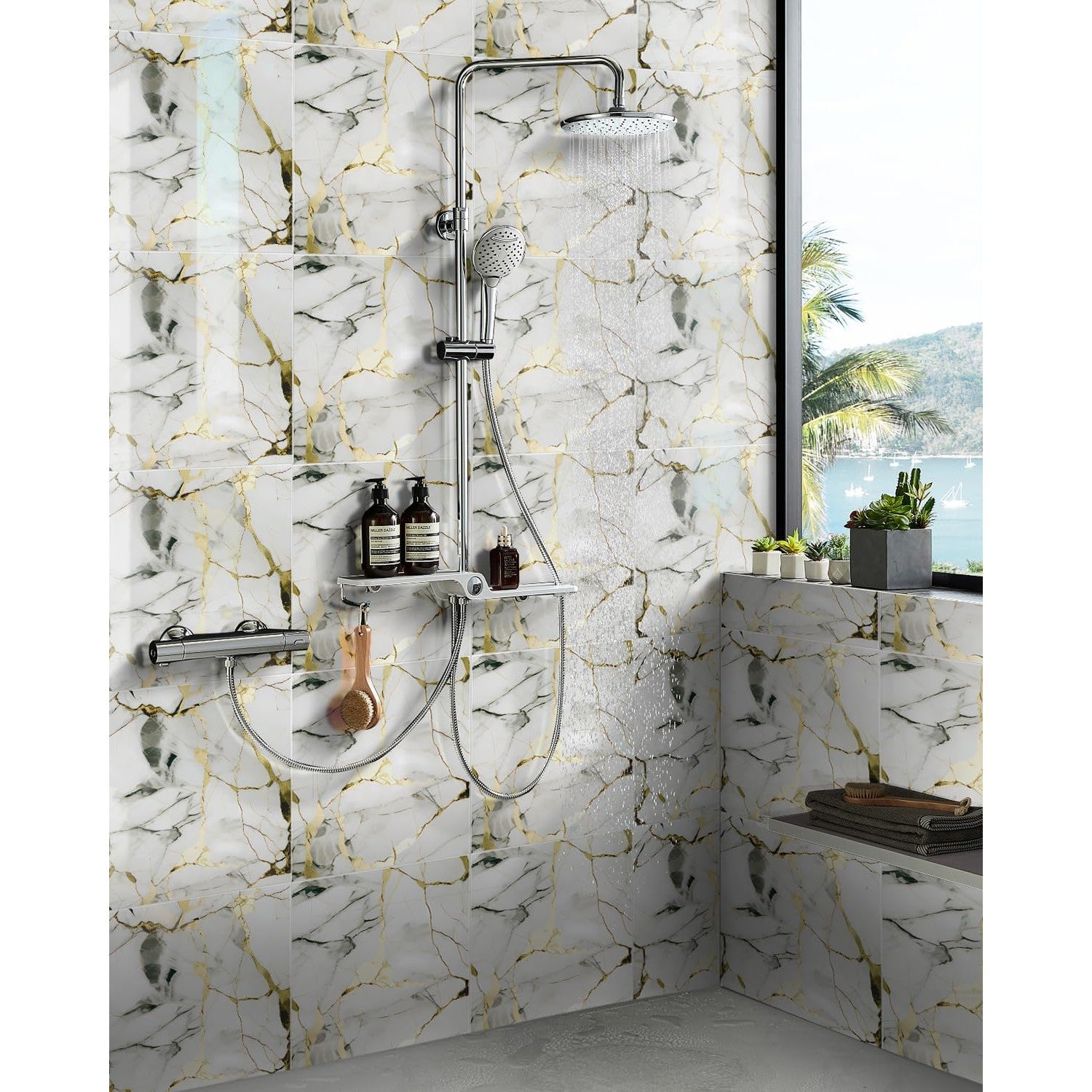 BESTWOO 10 Sheets Marble Peel and Stick Backsplash Tile, 12"x12" Waterproof PVC Self Adhesive Tile Shower Wall Panels for Bathroom, Kitchen, Living Room (Gold White) - Medaid International