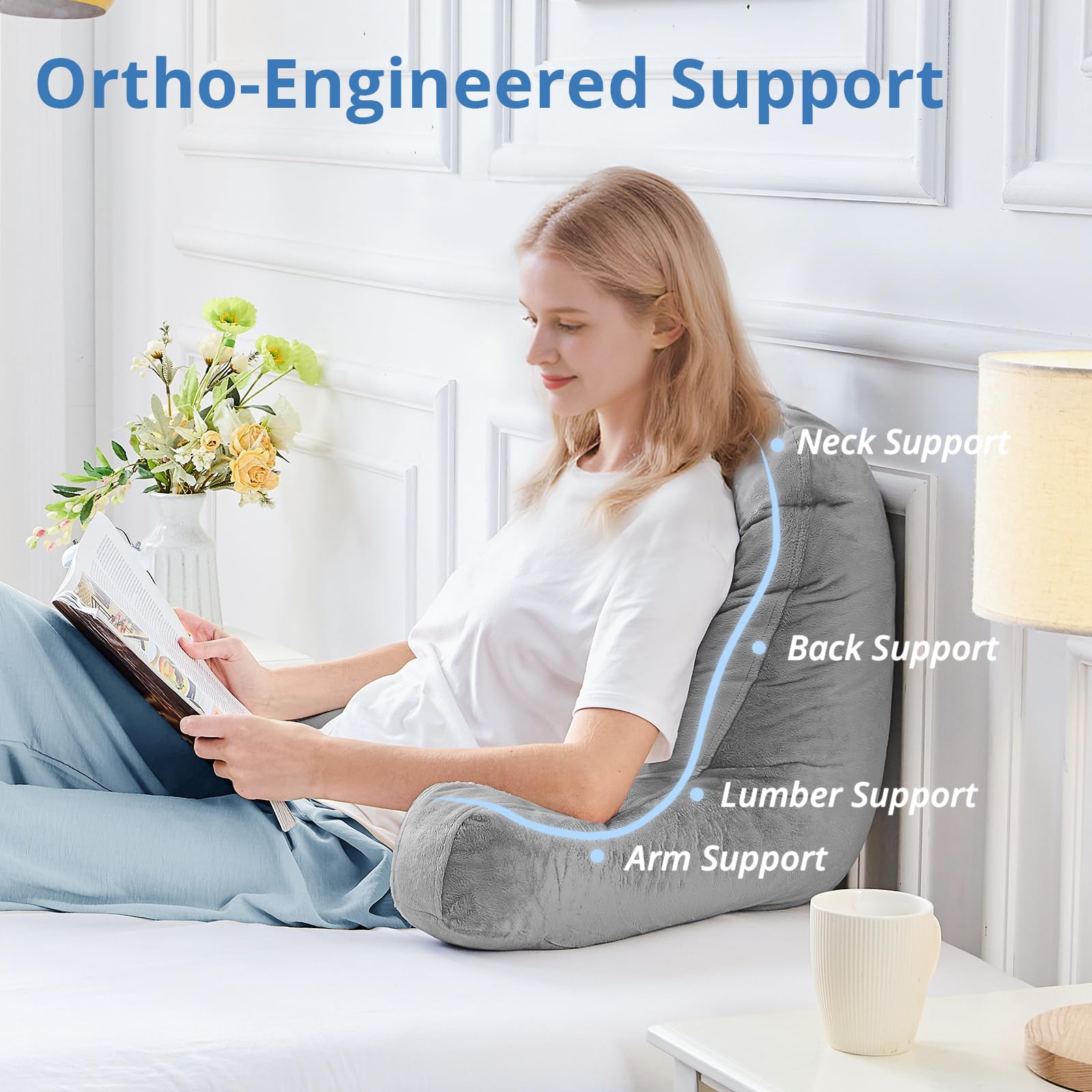 Sasttie Reading Pillows for Sitting in Bed Adult, Velvet Back Pillow Bed Sitting Up, Back-Rest Support Cushion for Sit Up on Couch, Sofa, and Floor, Dorm Essentials, Oeko-Tex Certified, Dark Grey - Medaid International