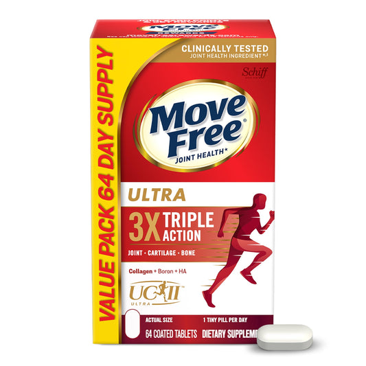 Move Free Ultra Triple Action Joint Support Supplement - Type II Collagen Boron & Hyaluronic Acid - Supports Joint Comfort, Cartiliage & Bones in 1 Tiny Pill Per Day, 64 Tablets (64 servings)* - Medaid International