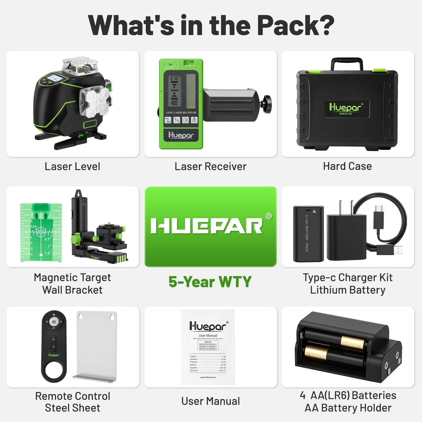 Huepar 16 Lines Self Leveling Laser Level 4x360° Cross Line Laser with Receiver -LCD Screen, 4D Bluetooth Green Beam Tiling Floor Laser Tool, 360° Horizontal/Vertical Laser Kit -Remote Control S04-5RG - Medaid International