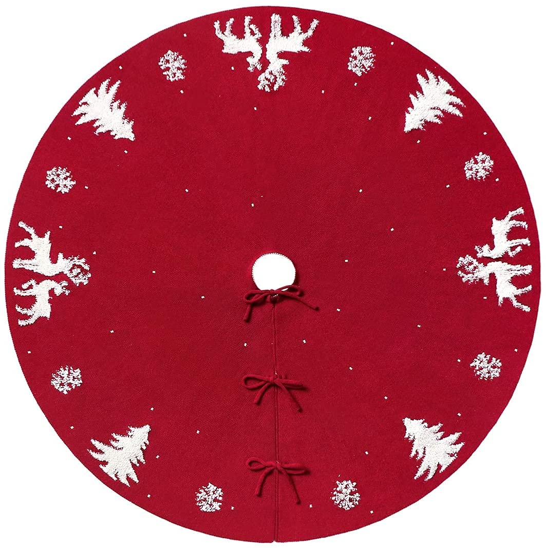 Dremisland Christmas Tree Skirt, Cable Knit Knitted Thick Rustic Tree Skirt for Xmas Holiday Decoration- 3D Elk and Christmas Tree (36in, Red) - Medaid International