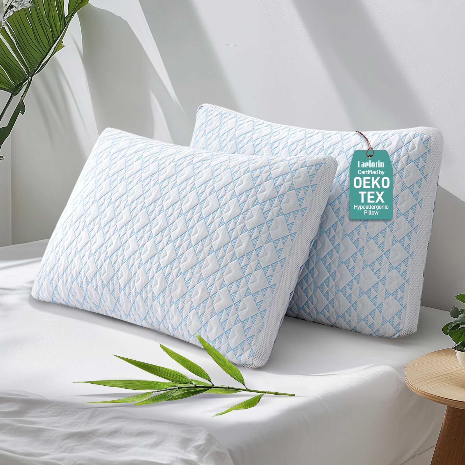 Caelorin Shredded Memory Foam Cooling Soft Bamboo Viscose Pillows Queen Size Set of 2, Adjustable Hypoallergenic Hotel Quality Bed Pillows for Side, Stomach and Back Sleeper, Oeko-TEX Certified - Medaid International