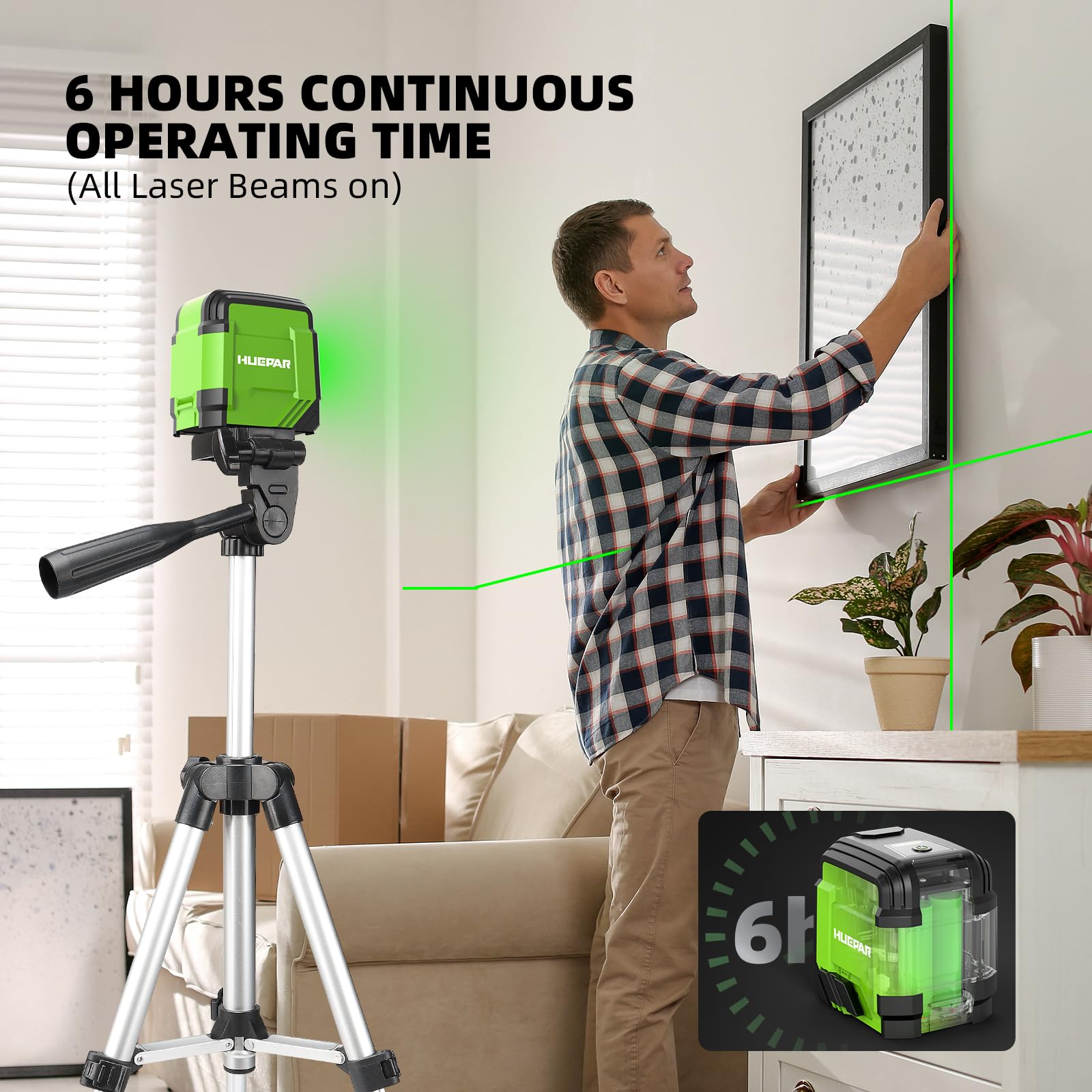 Laser Level with Tripod, HUEPAR 98Ft Self Leveling Laser Level Green Line Laser Cross Line Laser Leveler Tool for Picture Hanging, Tile, Home Renovation, Indoor Project, Battery&Carrying Bag Included - Medaid International