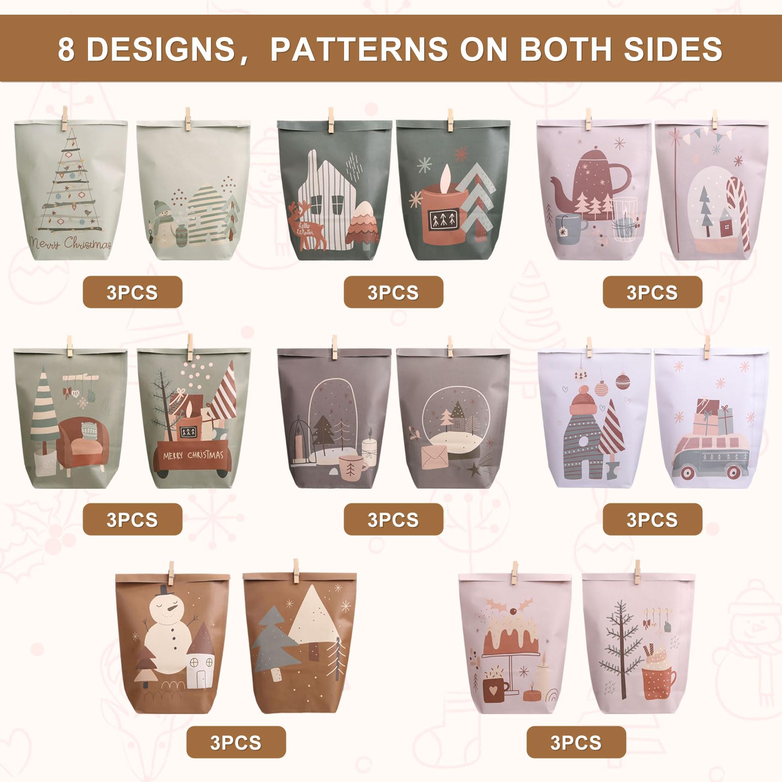 Yinsun Advent Calendar 2025, 24 Christmas Advent Calendars to Fill for Countdown - Empty Christmas Gift Paper Bags with Wooden Clips for Children and Adults DIY Craft - Medaid International