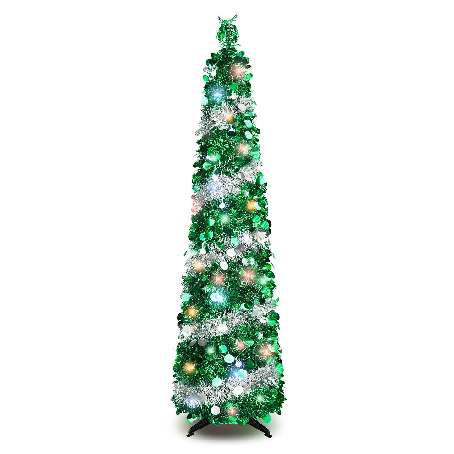 5FT Pop Up Christmas Tree with 90 LED Lights, Collapsible Artificial Pencil Christmas Tree, Tinsel Skinny Christmas Trees for Home Apartment Porch Indoor Outdoor Holiday Decorations - Medaid International