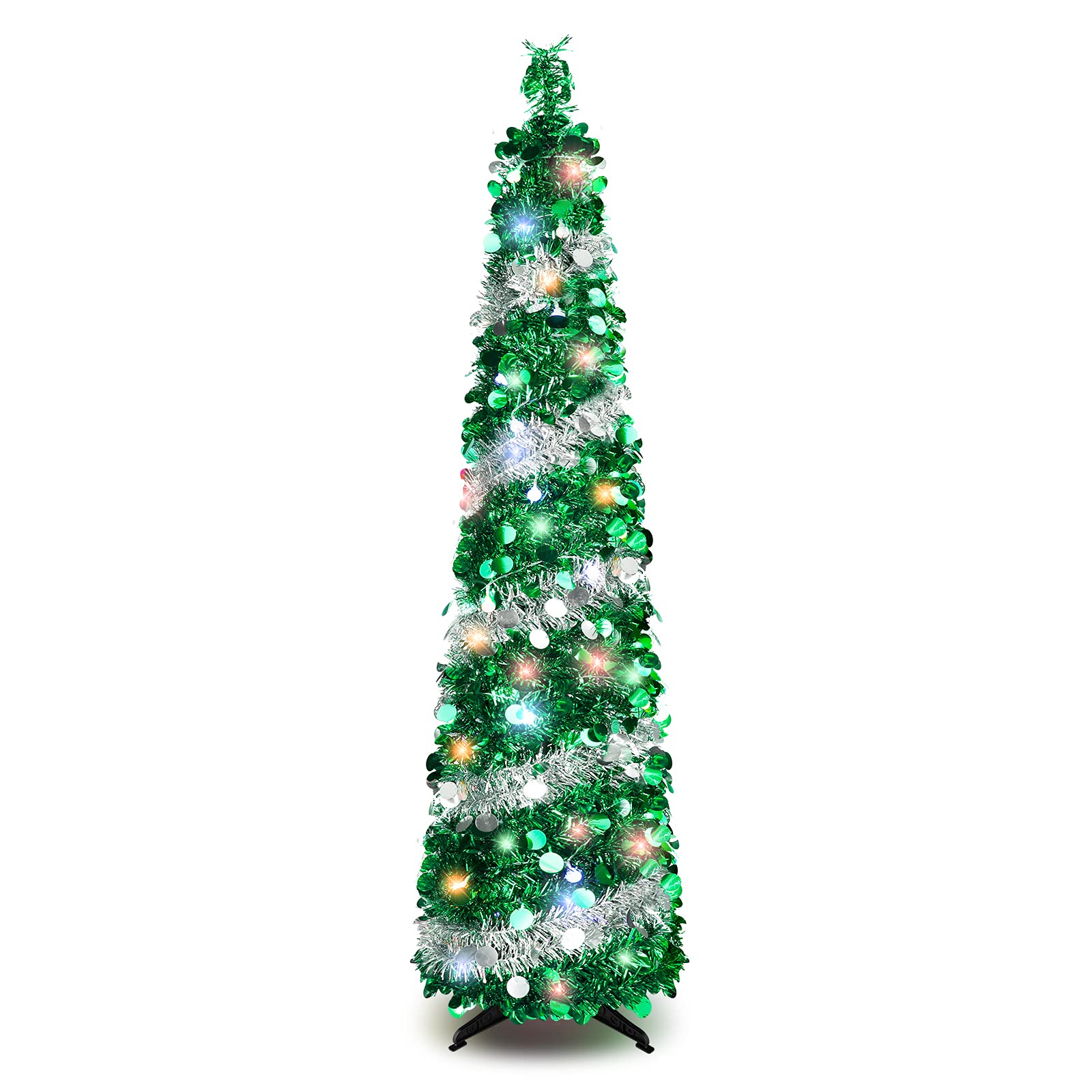 5FT Pop Up Christmas Tree with 90 LED Lights, Collapsible Artificial Pencil Christmas Tree, Tinsel Skinny Christmas Trees for Home Apartment Porch Indoor Outdoor Holiday Decorations - Medaid International