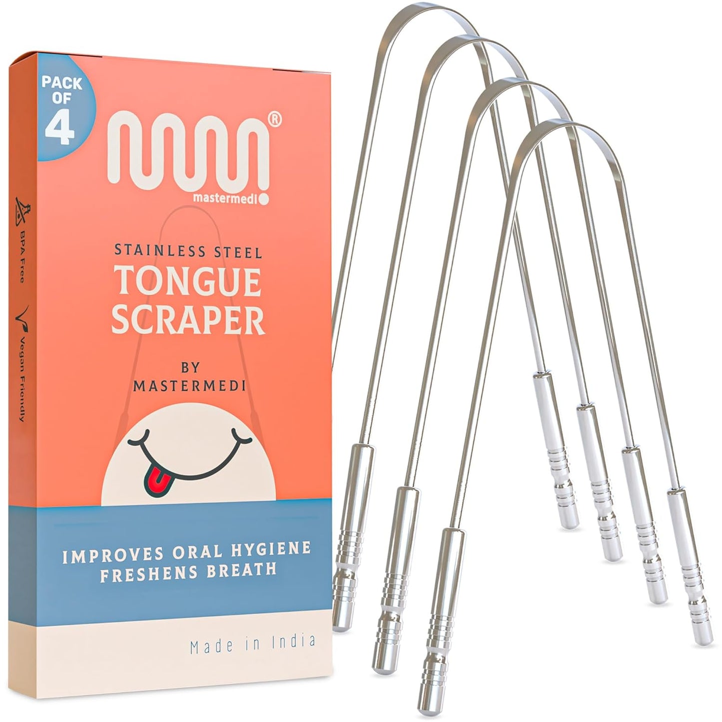 MasterMedi Tongue Scraper for Adults with Multicolor Travel Cases (2 Pack), 100% Stainless Steel, Reduce Bad Breath, Tongue Scrubber, Easy to Use, Tongue Cleaner for Oral Care & Hygiene - Medaid International