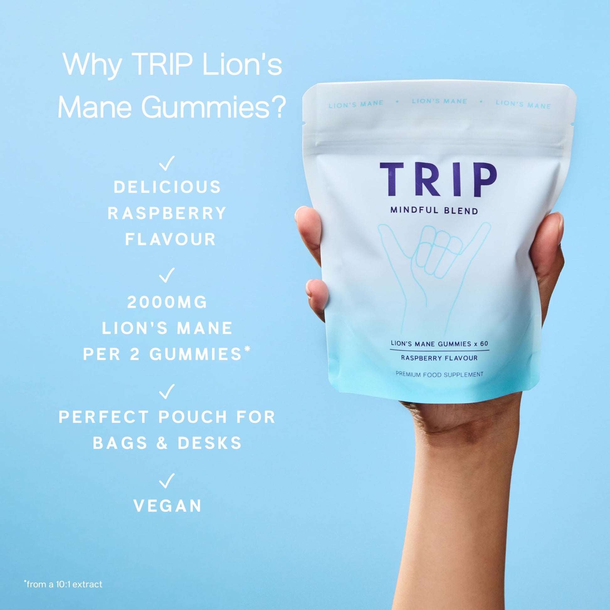 TRIP Lion’s Mane Gummies with 2000mg Lion’s Mane Mushrooms Extract Per Serving, Vegan, Naturally Flavored On the Go Chewable Gummy, Delicious Raspberry Flavor, 1 Bag, 60 Count - Medaid International