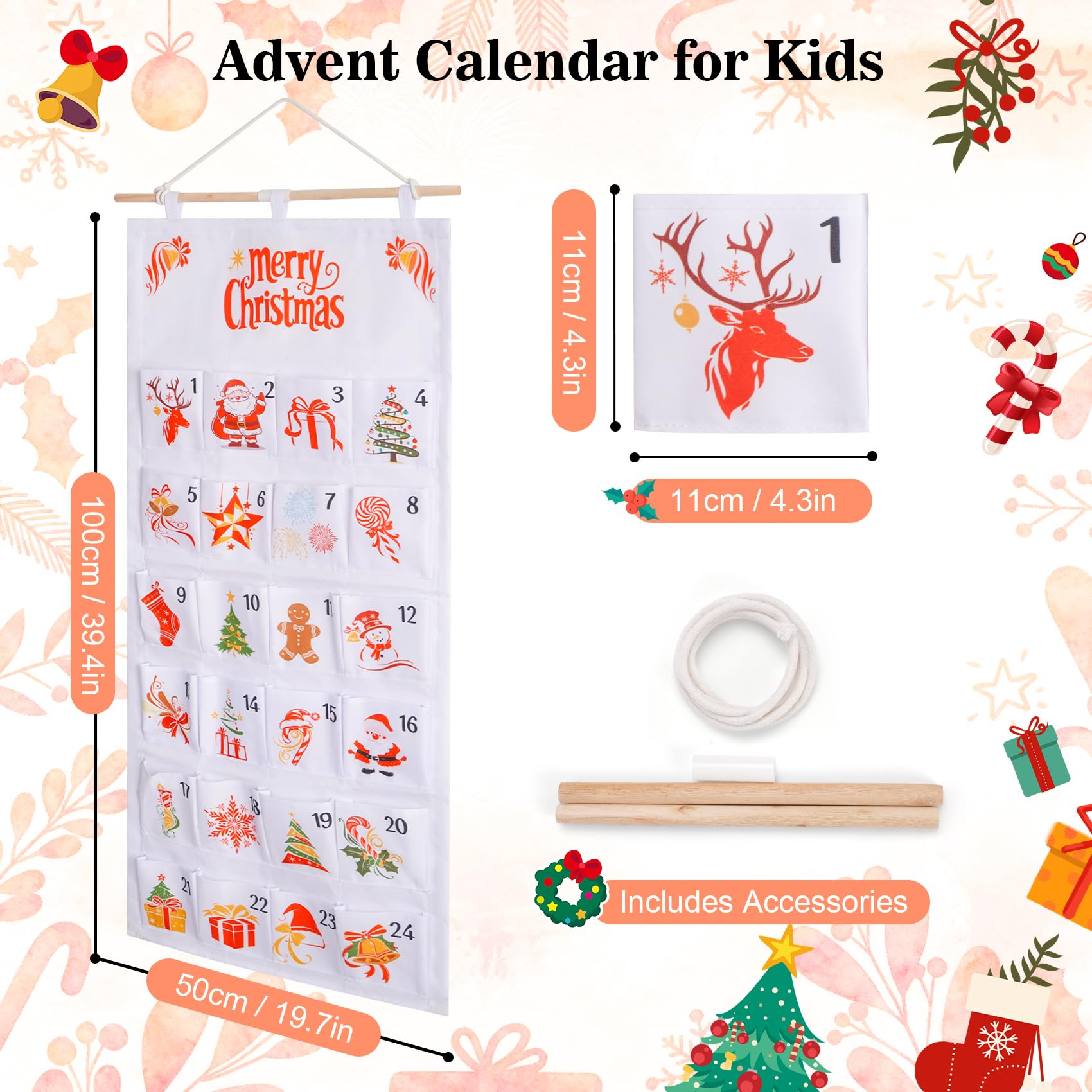 SAVORLIVING Christmas Advent Calendar with 24 Pockets, Reusable Countdown Calendar Storage Bag, Fabric Calendar Wall Hanging Bag for Xmas Holiday Home Wall Decoration - Medaid International