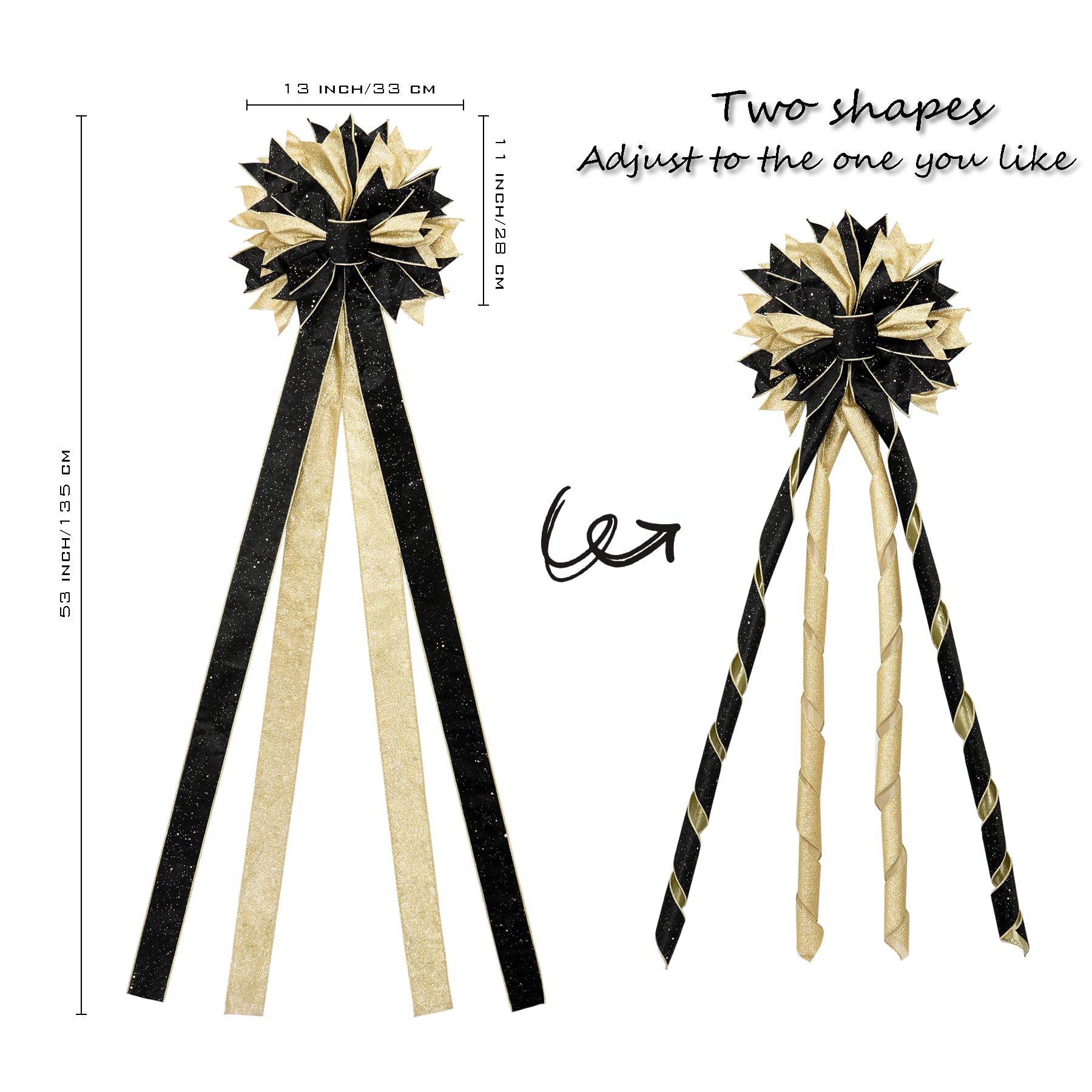 Hismir Christmas Tree Topper Bow, 53x13 Inches Large Christmas Bow with Glitter Streamer, Decorative Ribbon Bows for Xmas Tree Wreath Door Festival Home Decor(Black & Gold) - Medaid International