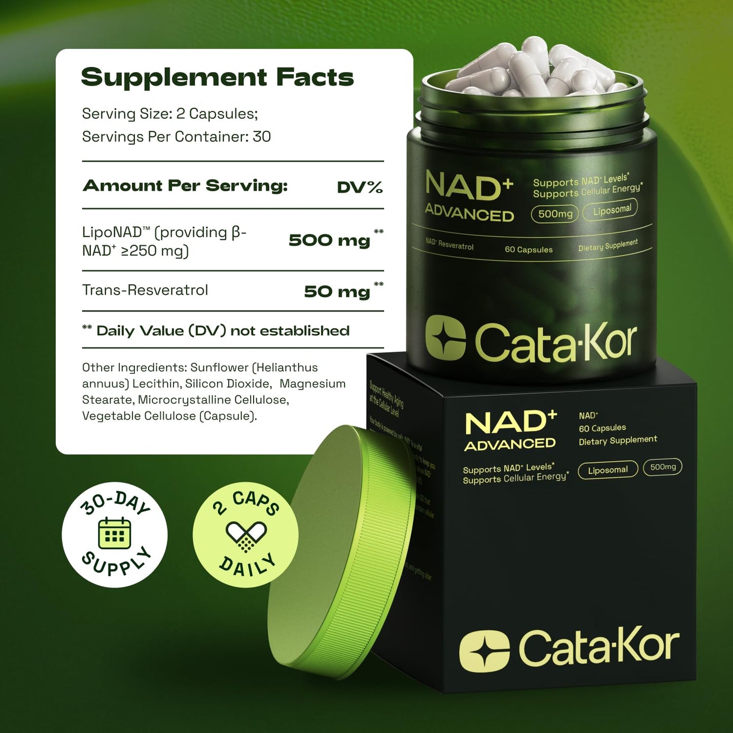 Cata-Kor NMNH Supplement Alternative – Liposomal NAD + Resveratrol – 30-Day Supply – High Purity NAD Supplement for Energy & Healthy Aging – 60 Capsules - Medaid International