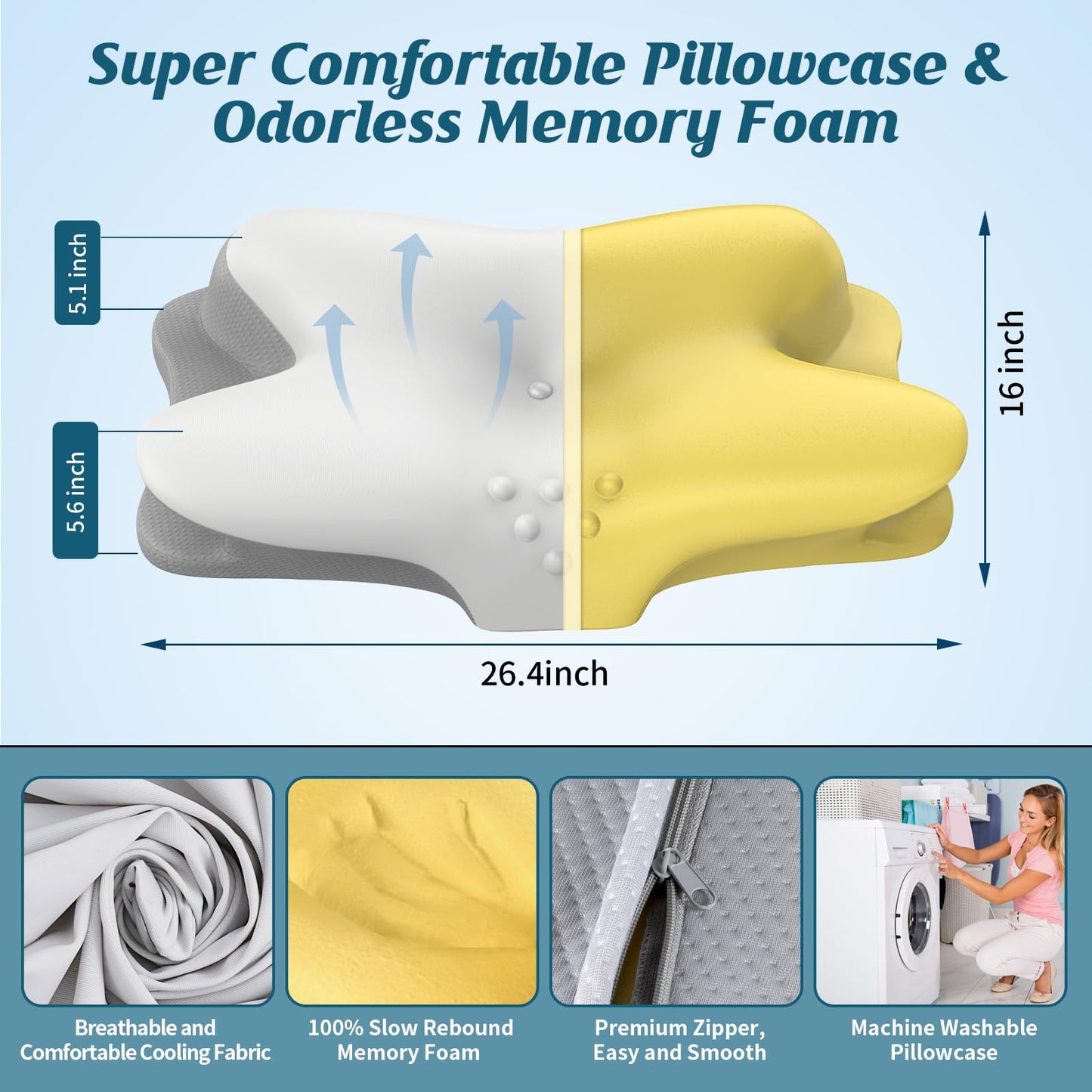 Cervical Neck Pillow - Cooling Pillow for Neck Pain Relief, Ergonomic Side Sleeper Pillow for Sleeping, Contour Orthopedic Memory Foam Pillows for Back & Stomach Sleepers with Pillowcase - Medaid International