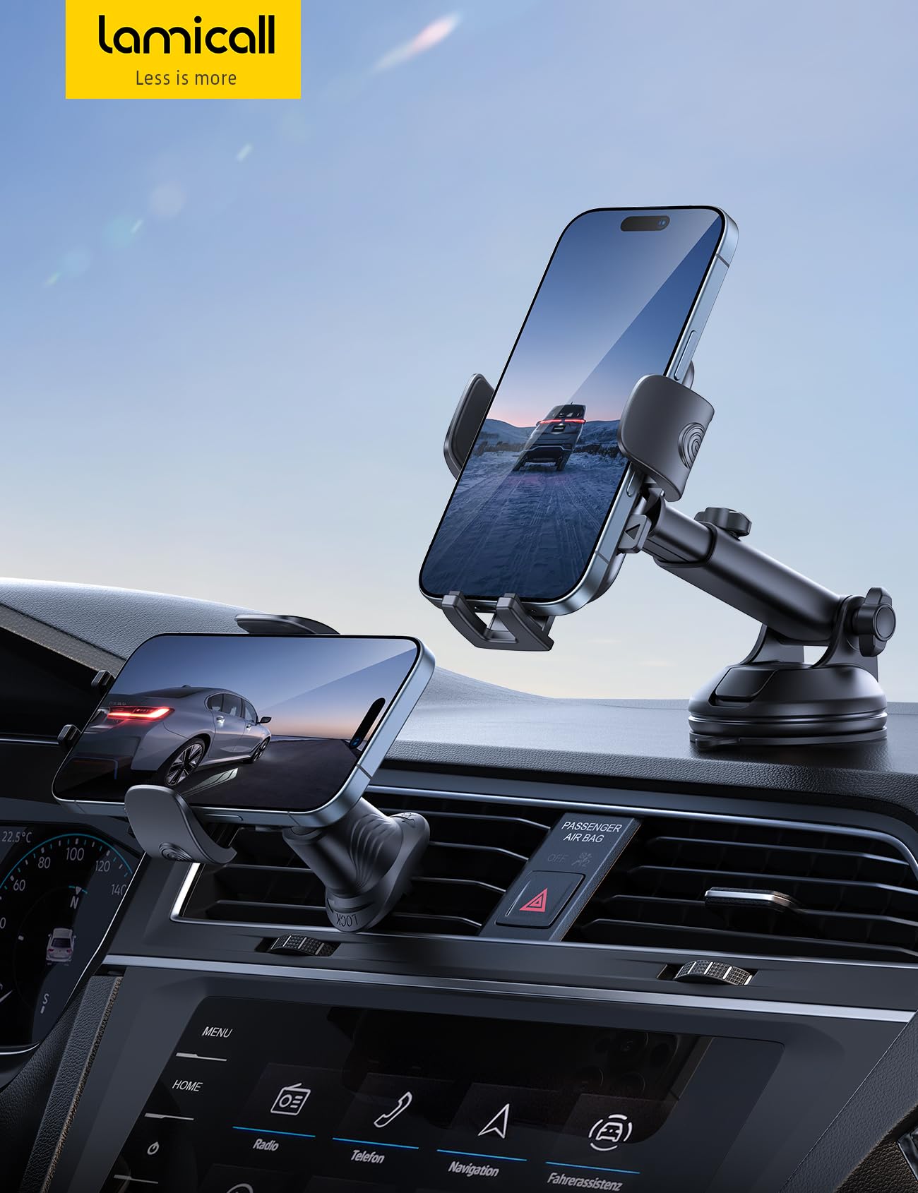 Lamicall Car Phone Holder Mount [3-in-1 Military-Grade Suction Cup] 360° Rotation Phone Holders for Your Car [Metal Hook] Cell Phone Car Mount Dashboard Vent Windshield for iPhone 17 16 All Smartphone - Medaid International