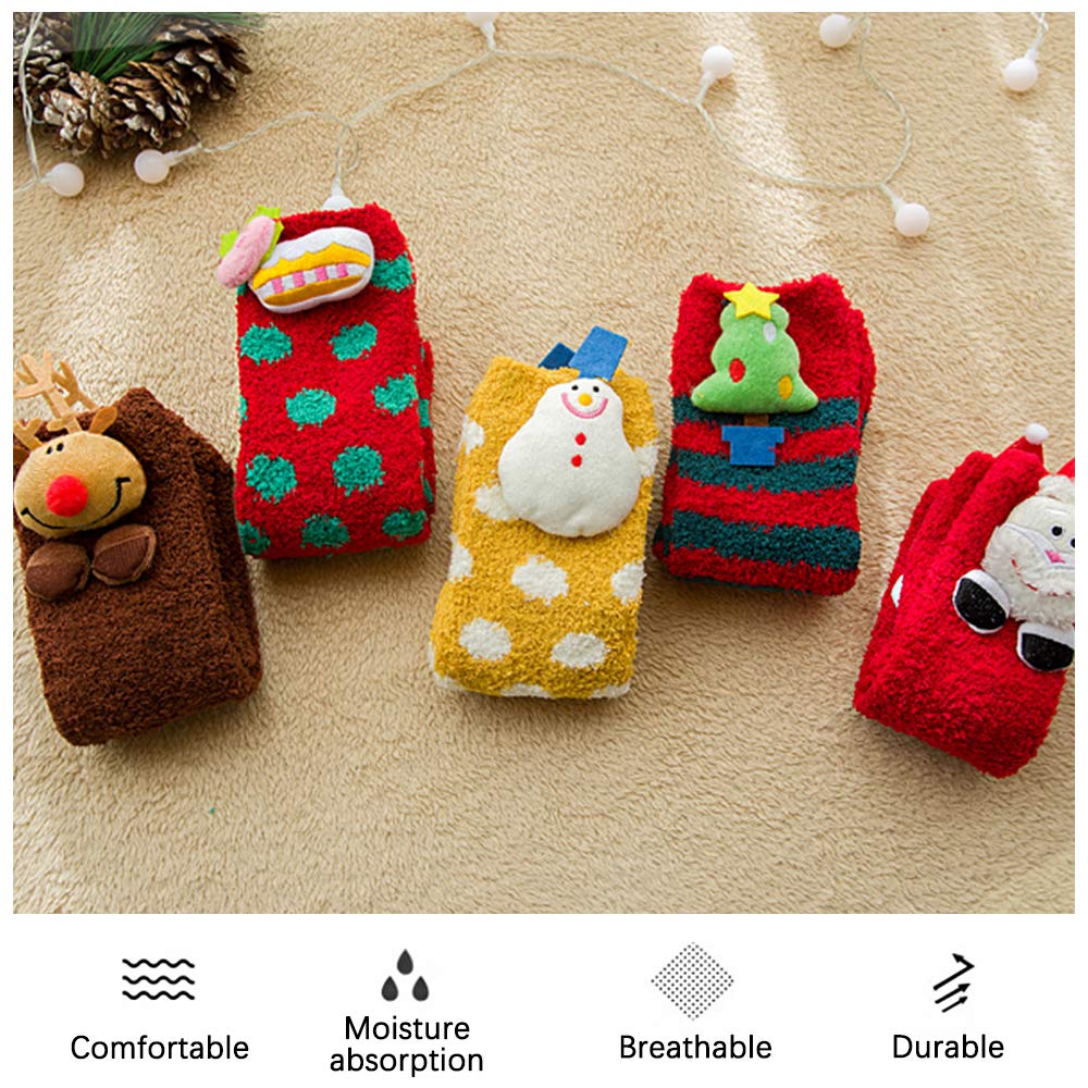 JEPELUS 5 Pairs Small Slipper Fluffy Socks, 3D Anti-skid Christmas Cozy Comfy Sock Winter Fuzzy Coral Fleece Socks for Toddler Kids Holiday Gifts (Christmas Xmas Tree Cake Reindeer Snowmen Father) - Medaid International