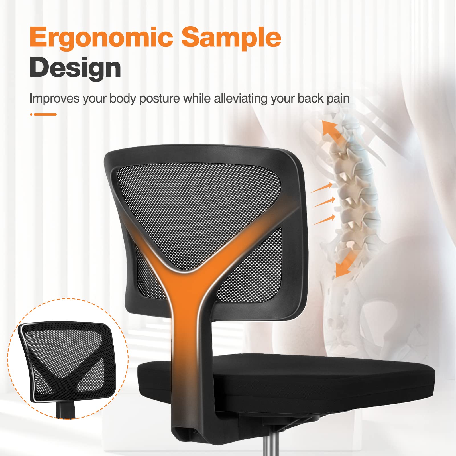 Sweetcrispy Office Computer Desk Chair, Ergonomic Low-Back Mesh Rolling Work Swivel Chairs with Wheels, Armless Comfortable Seat Lumbar Support for Home, Bedroom, Study, Student, Adults, Black - Medaid International