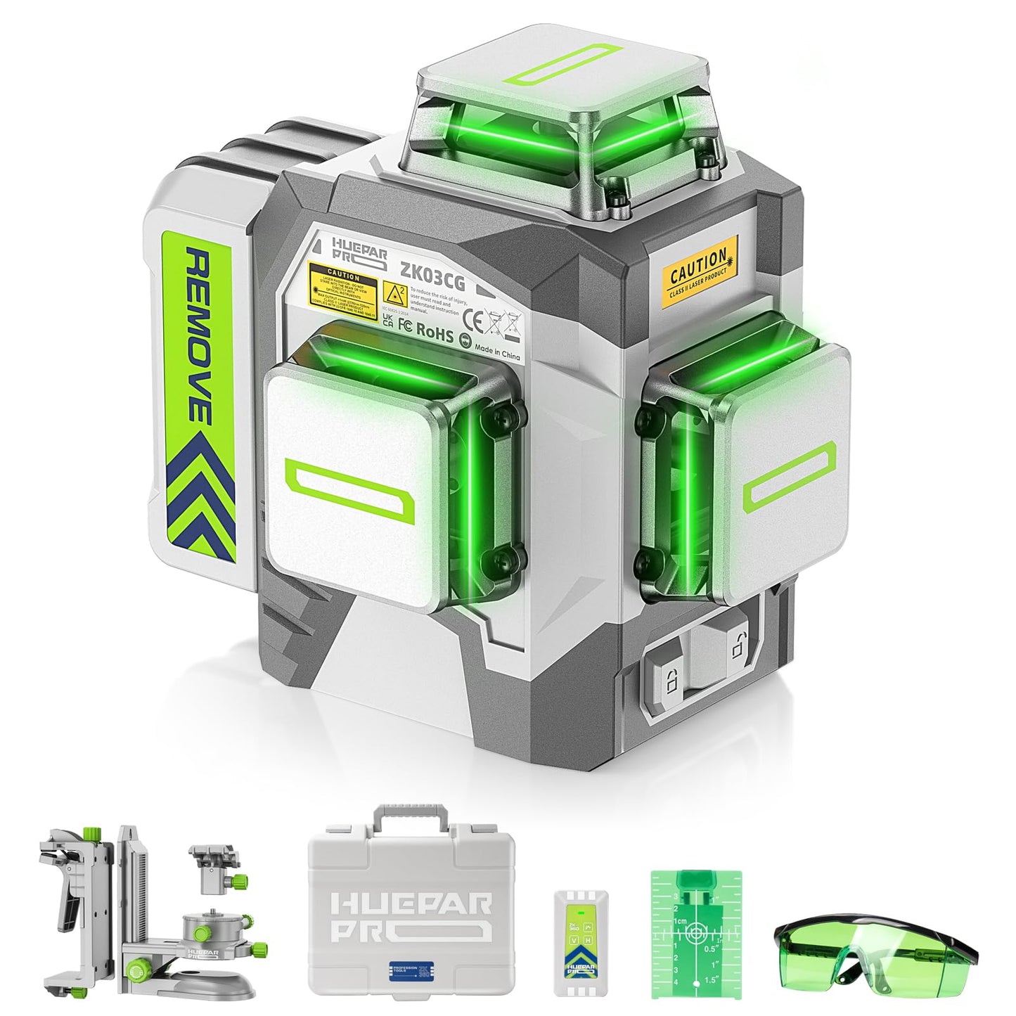 HueparPro Laser Level 3 x 360 Self Leveling Green Beam Laser Tool, High Accuracy Professional 3D Cross Line Laser with 8000mAh Rechargeable Li-ion Battery, Magnetic Bracket & Hard Carry Case ZK03CG - Medaid International