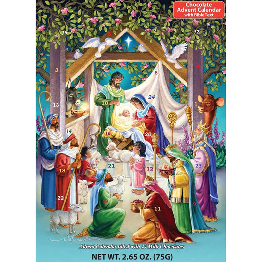 Advent Calendar 2025 Religious with Gourmet Milk Chocolate - 24 Windows Filled with Delicious Chocolate, Nativity Story Included, Perfect Advent Calendar for Adults - Vermont Christmas Company - Medaid International