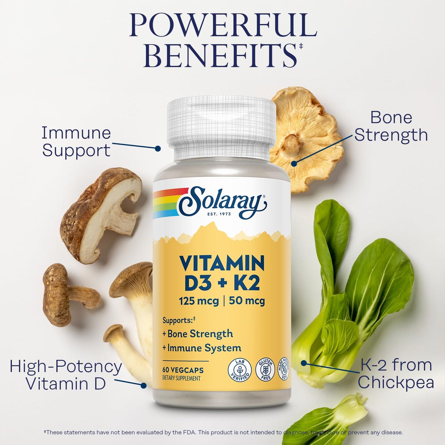 SOLARAY Vitamin D3 K2 - Bone Health and Immune Support Supplement - with 5000 IU Vitamin D as VIT D3 and 50 mcg Vitamin K2 as Menoquinone MK7, Made Without Soy, 60-Day Guarantee, 60 Serv, 60 VegCaps - Medaid International