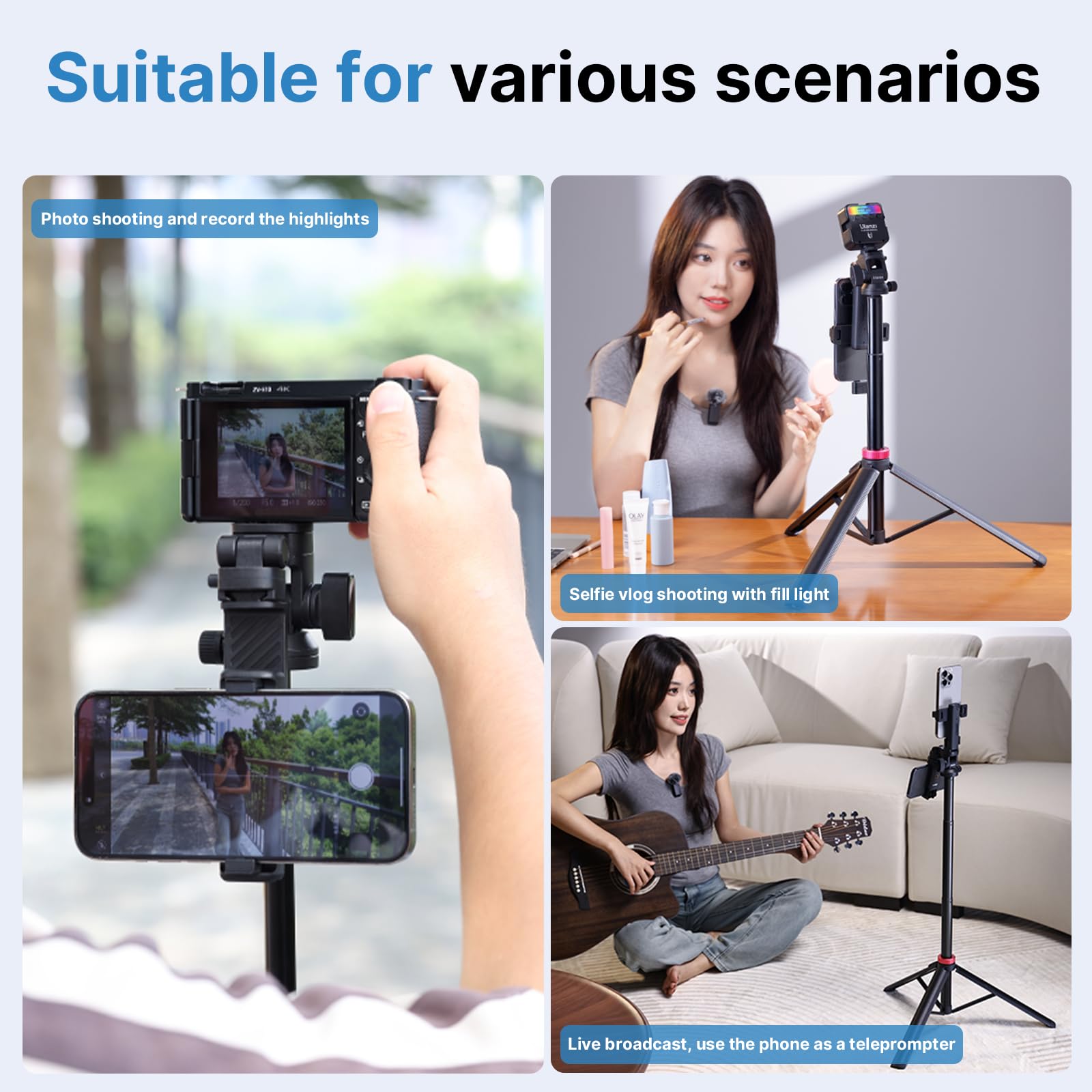 ULANZI MT-78 Extendable Phone Tripod, metal 72.83" Selfie Stick Camera Tripod Stand with 2 in 1 Phone Clip, 360° Ball Head Camera Tripod with cold shoe for iPhone 17 Sony Canon, Lightweight for Travel - Medaid International
