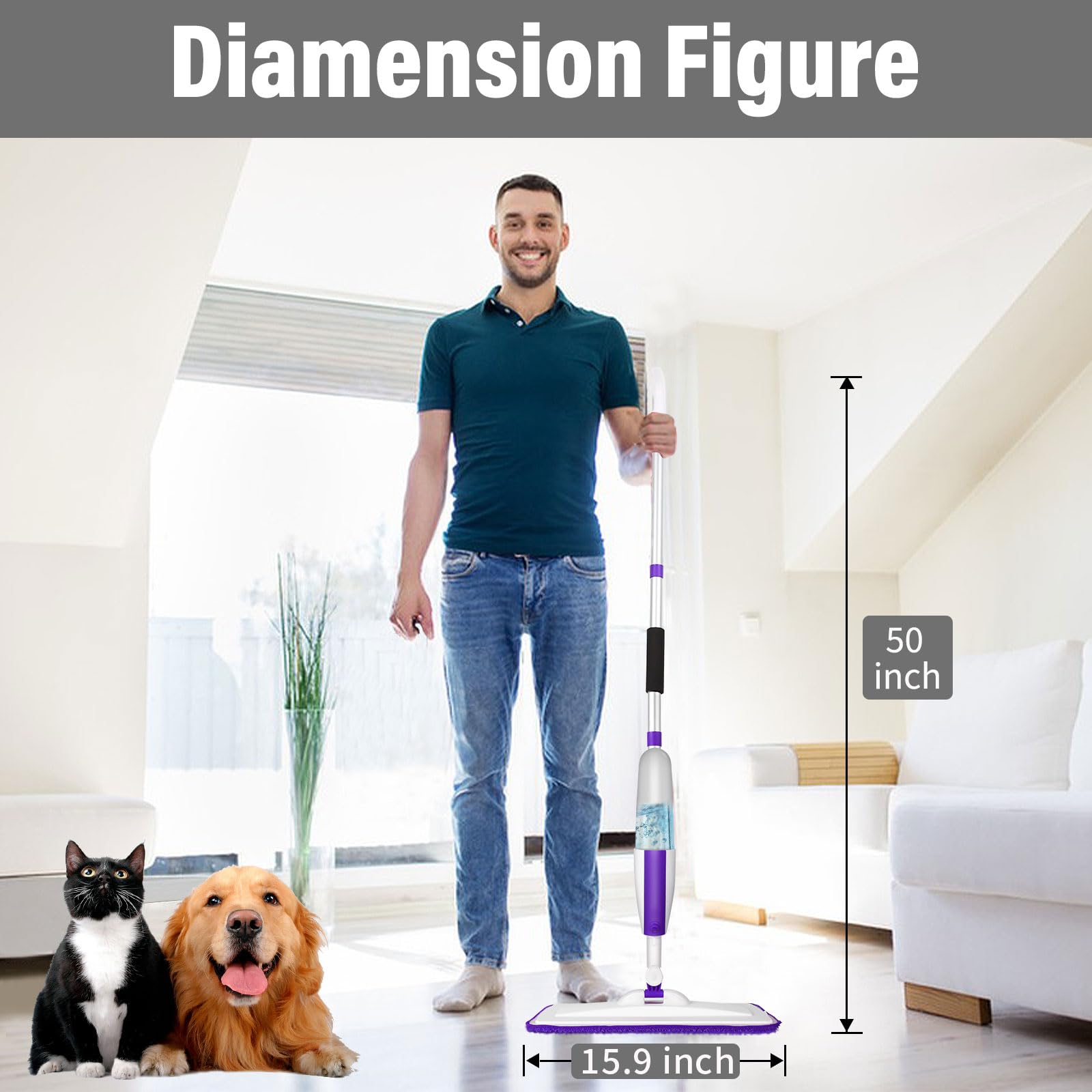 Spray Mops for Floor Cleaning Floor Mop with a Refillable Spray Bottle and 3 Washable Microfiber Pads Home or Commercial Use Dry Wet Flat Mop for Hardwood Laminate Wood (Purple) - Medaid International