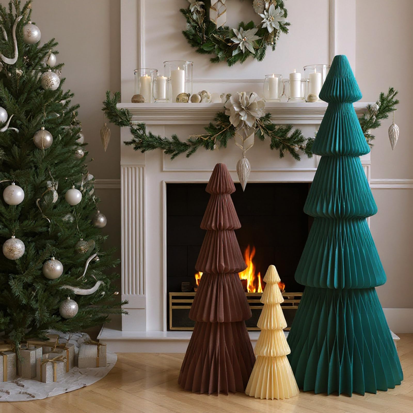 Fullhawl 3ft 2ft 1ft Large Christmas Paper Trees Honeycomb Christmas Trees 3D Green Honeycomb Xmas Paper Table Ornament Folding Tree with Magnet for Xmas Decoration Party - Medaid International