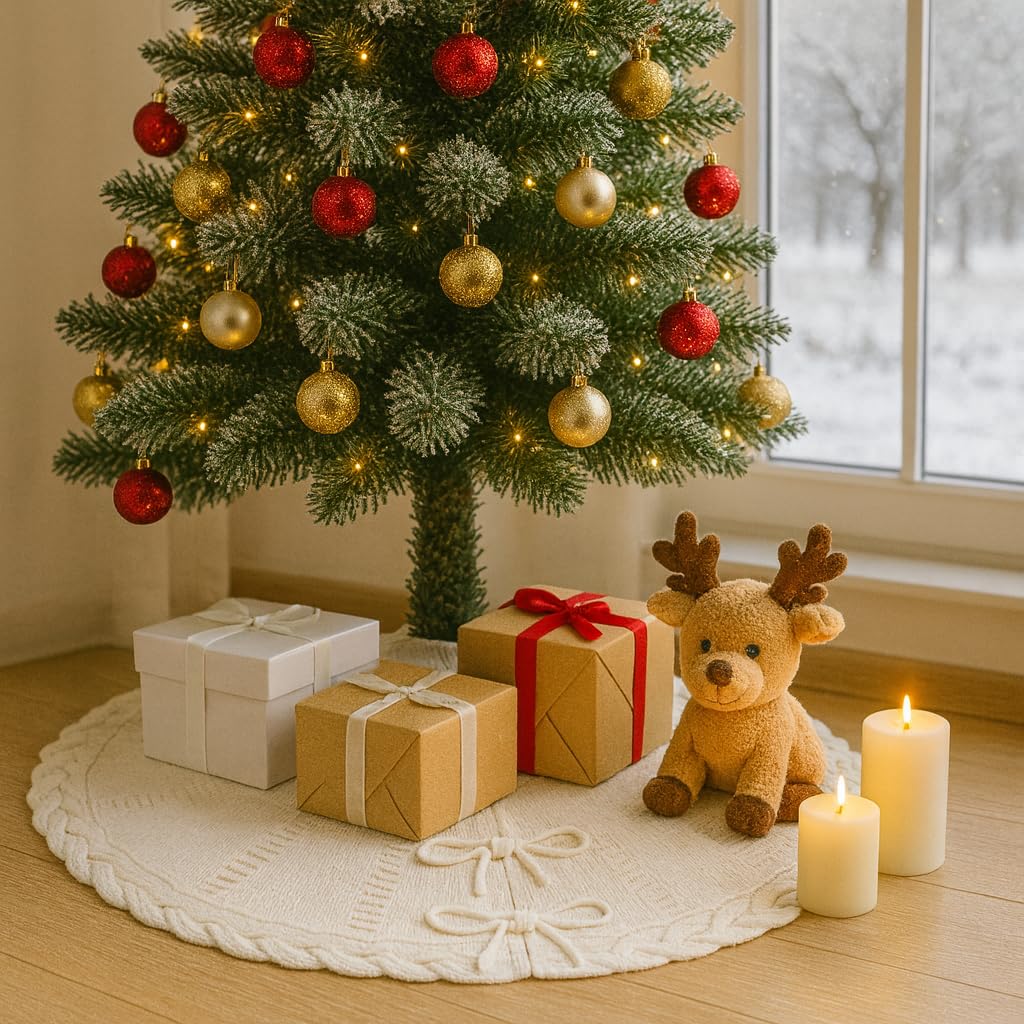 PUKUPIG 24 Inch White Knitted Small Christmas Tree Skirt, Chunky Cable Knit with Braided Scalloped Edge, Perfect for Xmas Holiday Decorations - Medaid International