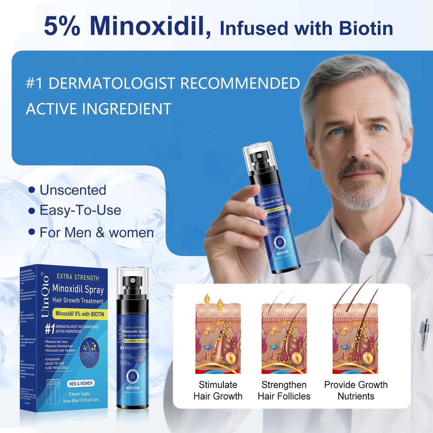 5% Minoxidil Spray for Men and Women, Infused with Biotin, for Hair Regrowth Treatment, Beard Growth, Extra Strength Treatment to Combat Hair Loss and Thinning, 5 Month Supply, 3 x 3.38 oz - Medaid International