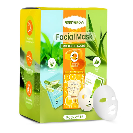 FERRYGROW Face Sheet Mask | 3 Variants: Aloe Vera, Orange Vitamin C, Green Tea | Hydrating & Nourishing Skincare for Glowing Skin | Deep Moisture & Self-Care Beauty Sheets 12pcs - Medaid International