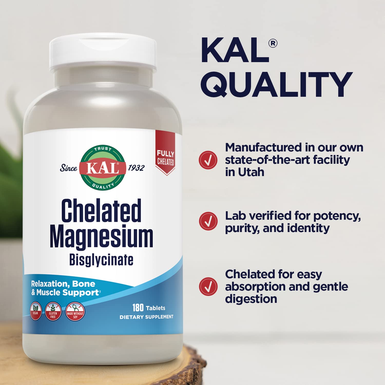 KAL Chelated Magnesium Bisglycinate, Magnesium Supplement for Relaxation, Bone Health, Nerve & Muscle Function Support*, High Absorption, Gentle Digestion, Vegan, Gluten Free, 60 Servings, 180 Tablets - Medaid International