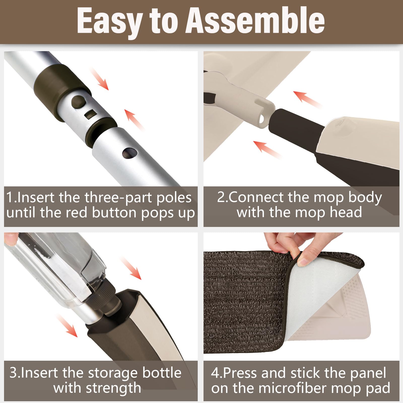 Mops for Floor Cleaning, 50 inch Spray Mop with 400ml Refillable Bottle and 2 Replacement Pads Dry Wet FloorCleaning Household or Commercial Use for Hardwood Laminate Tile Ceramic (Brown) - Medaid International