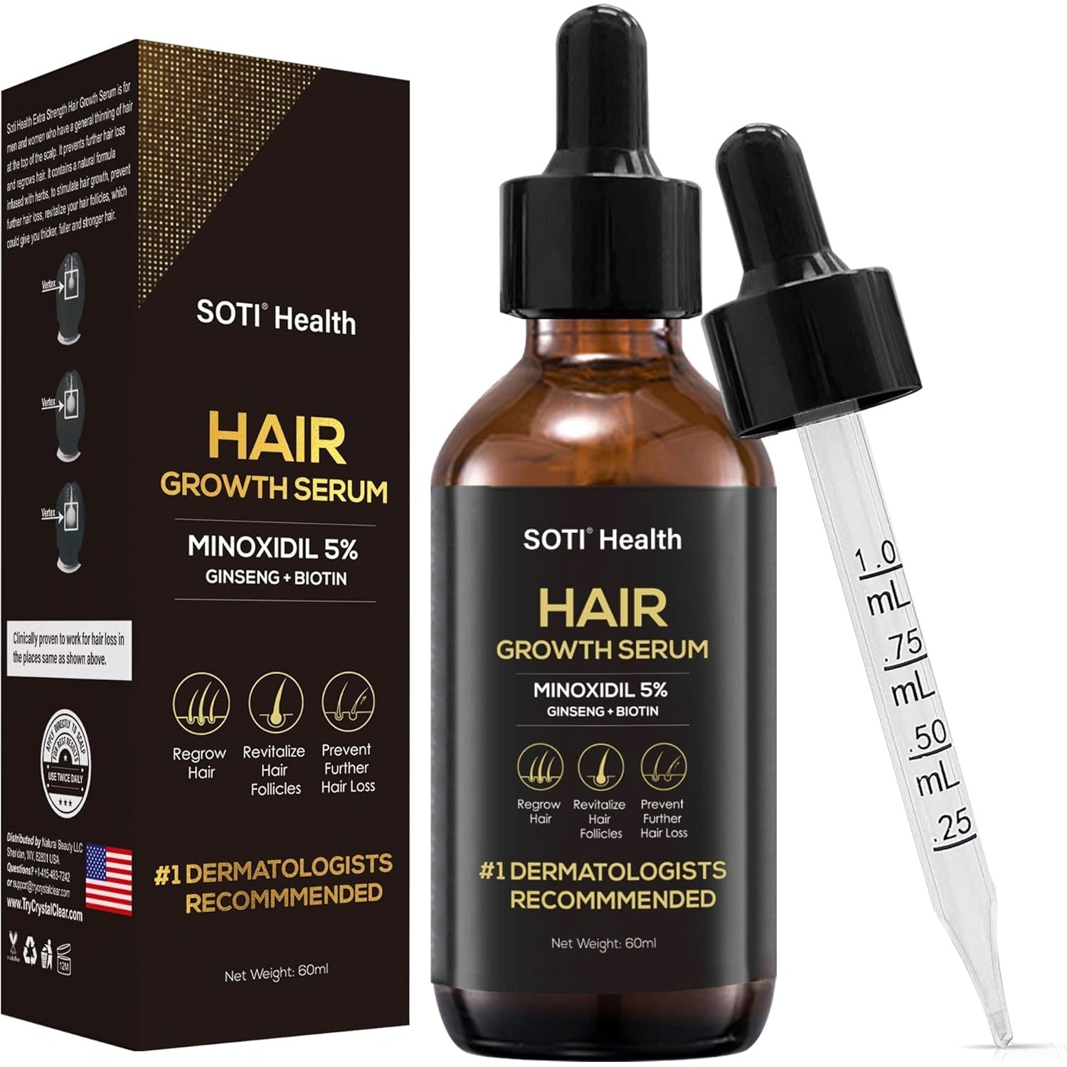 Soti Minoxidil 5% Hair Growth, Hair Loss Regrowth Serum. Made in USA! Dermatologists Recommended. Ginseng and Biotin Extra Strength Formula. (3 Pack) - Medaid