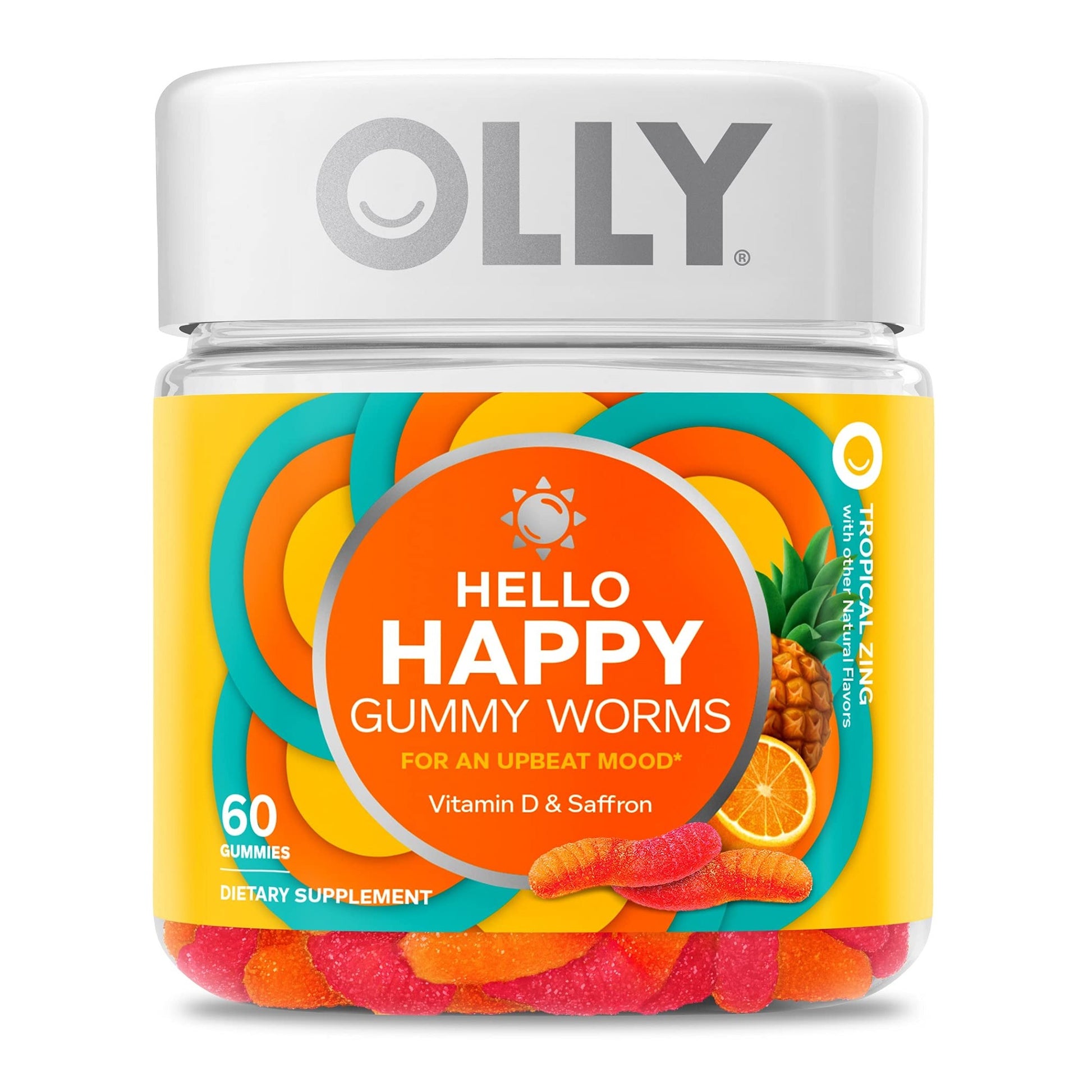 OLLY Hello Happy Gummy Worms, Mood Balance Support, Vitamin D, Saffron, Adult Chewable Supplement, Tropical Zing - 60 Count - Medaid International