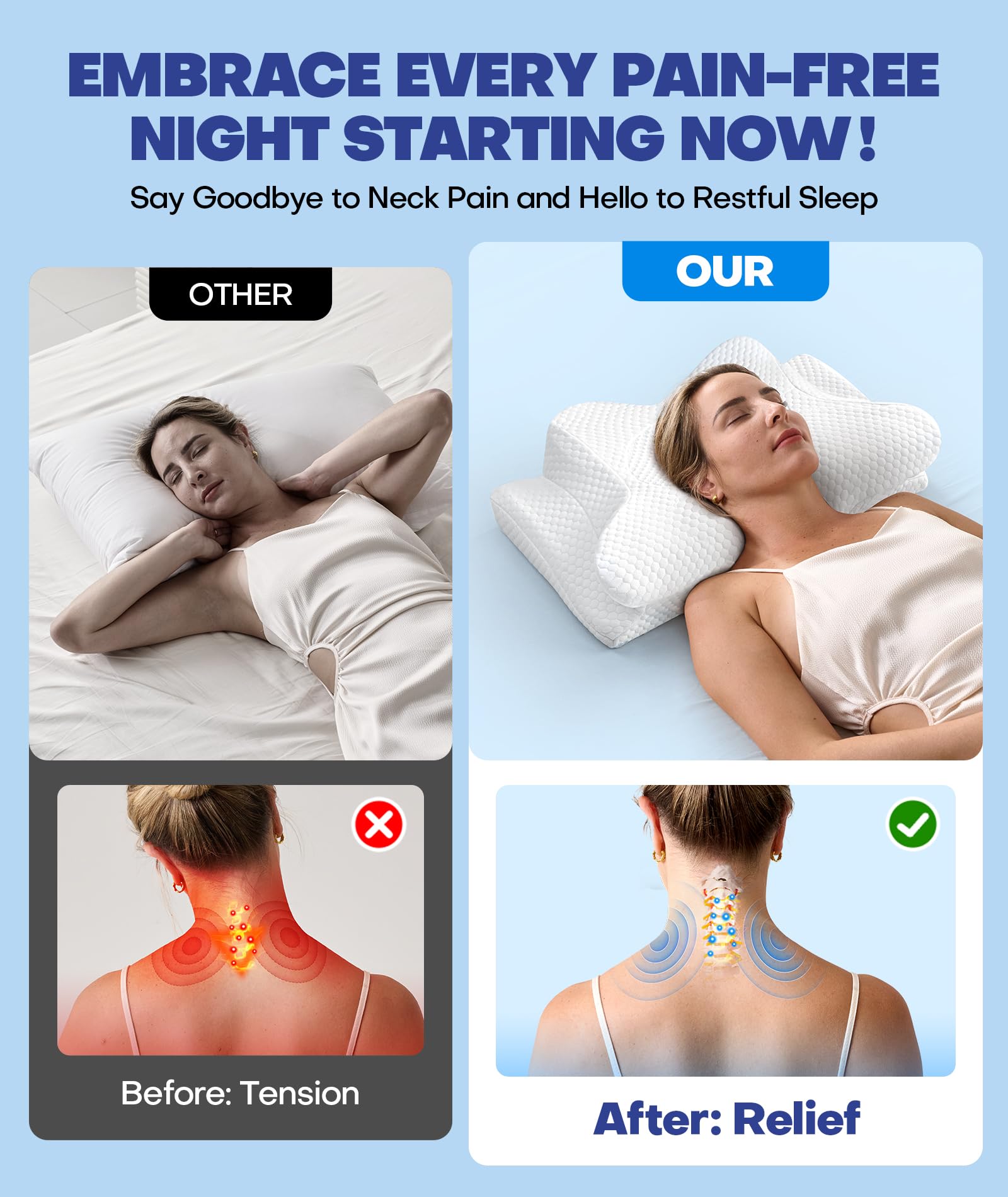 Emircey Clinical-Level Relief Cervical Neck Pillow for Sleeping, Orthopedic Contour Memory Foam Pillow for Side Sleepers, Cooling Pillow for Neck Relief, Ergonomic for Back and Stomach Sleepers - Medaid International