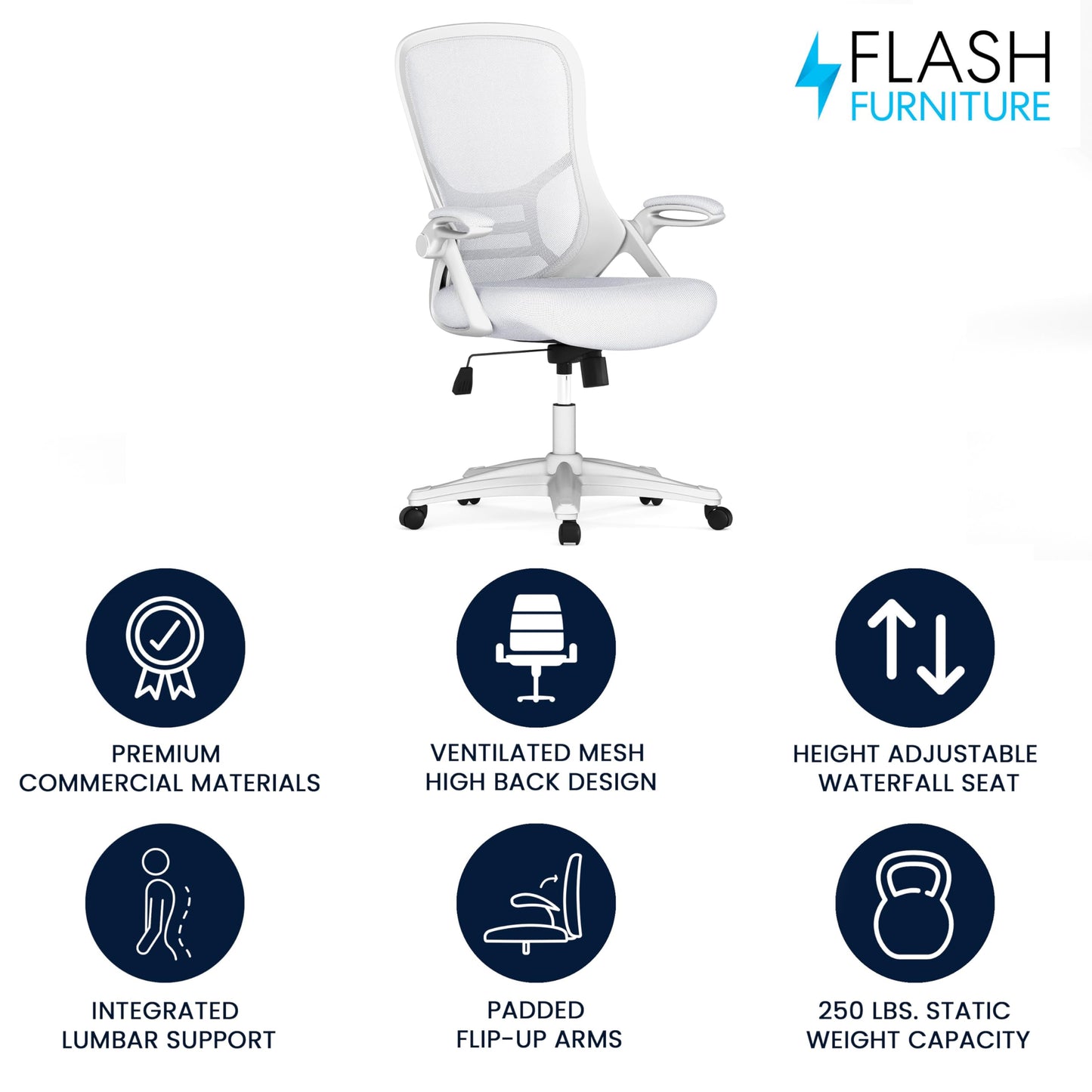 Flash Furniture Porter High-Back Swivel Office Chair with Adjustable Lumbar Support and Height, Ergonomic Mesh Desk Chair with Flip-Up Armrests, White - Medaid International