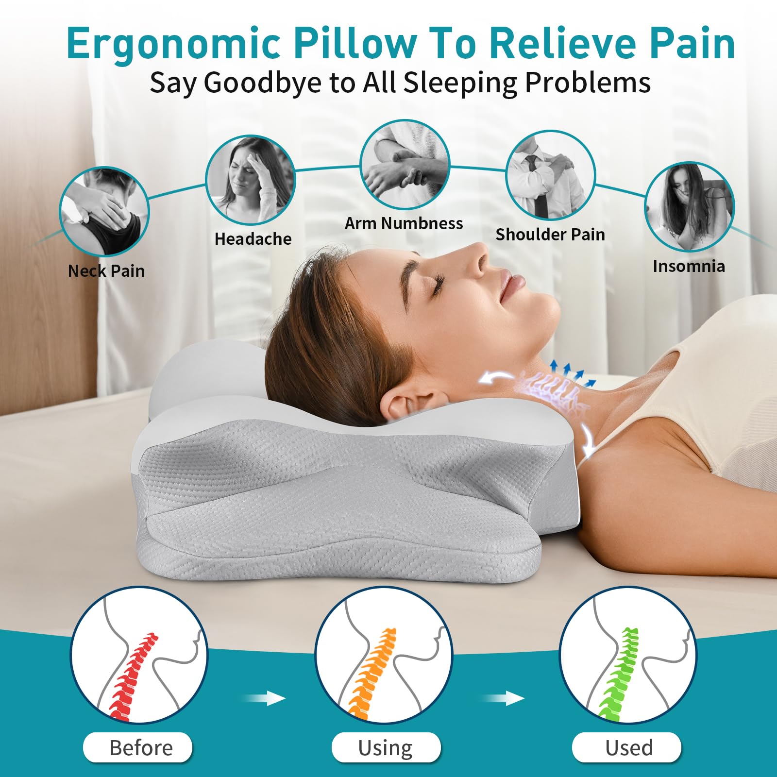 Cervical Neck Pillow for Pain Relief - Ergonomic Side Sleeper Pillow for Neck Support, Cooling Memory Foam Pillows for Sleeping, Contour Pillow Orthopedic Bed Pillow for Back Stomach Sleepers - Medaid International
