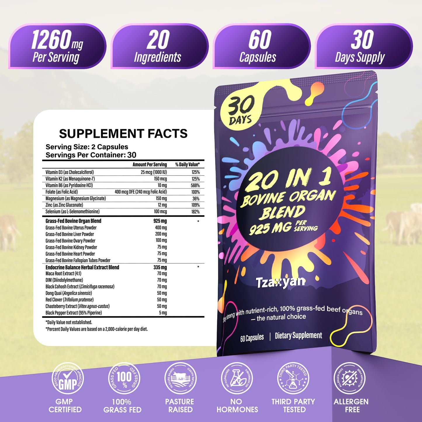 20-In-1 Beef Organ Supplement for Women, 925MG Grass Fed Beef Liver, Uterus, Ovary & 3 more with Maca, DIM, Black Cohosh, Vitamin & Mineral, Bovine organ Capsules for Hormone Balance, Energy, 30 Days - Medaid International