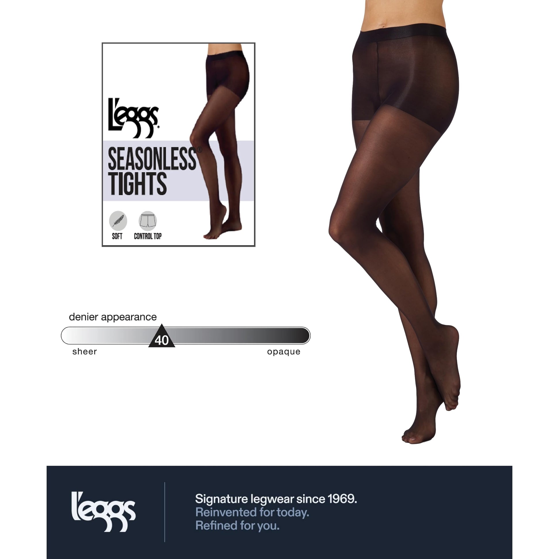 L'eggs Casual Women's Seasonless Tights for Year Round Wear, Same to Waist, Sheer Toe, Black, Size Large (Pack of 1) - Medaid International