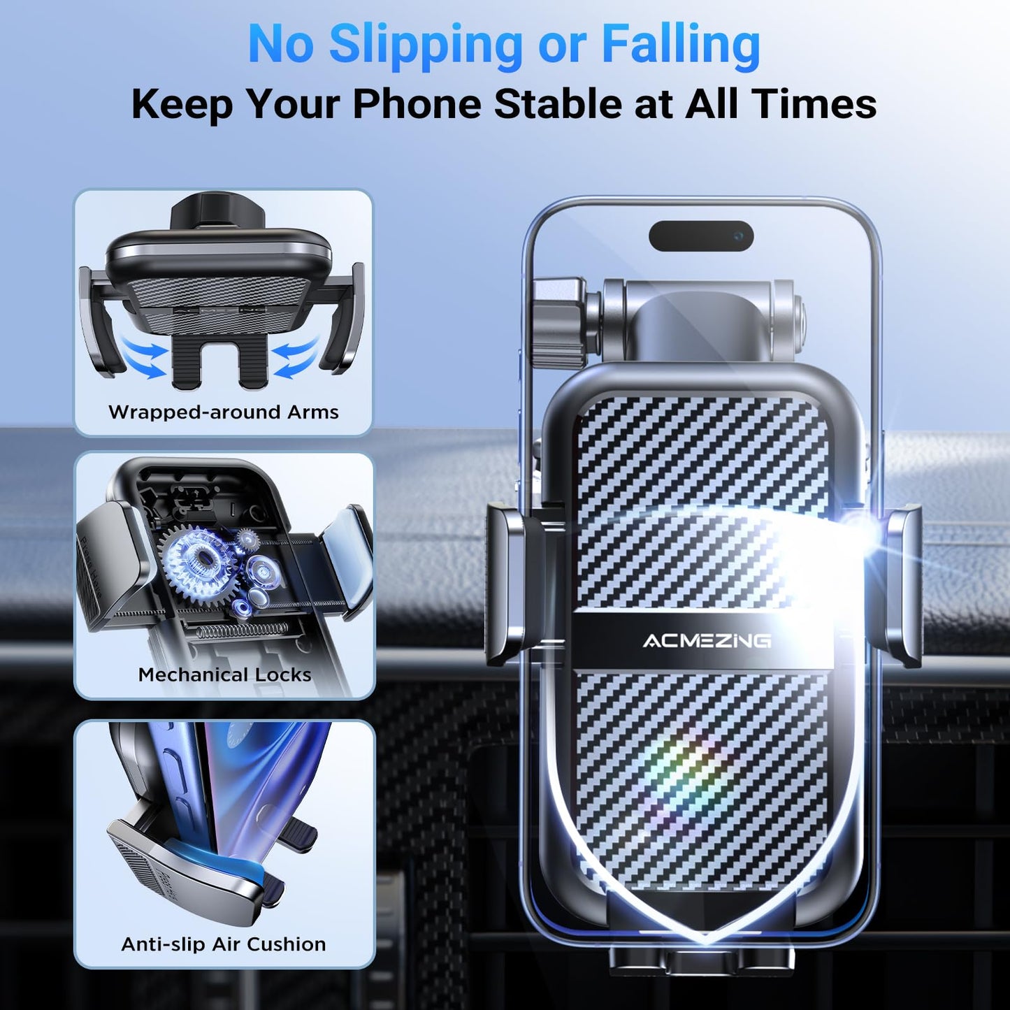 ACMEZING 3-in-1 Car Phone Holder [122+LBS Strongest Suction & Stable Clamp Arm] 360° Adjustable Mount, Cell Phone Holders for Your All Car Models for Dashboard Vent, All Smartphones, Black - Medaid International