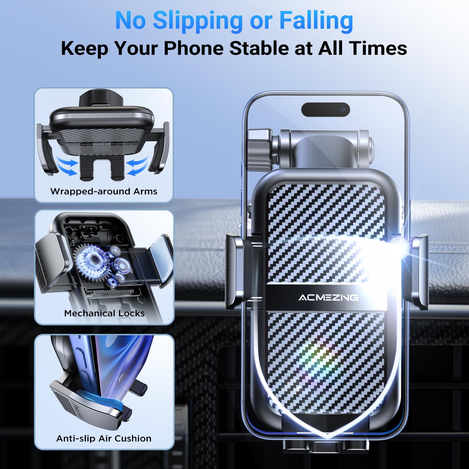 ACMEZING 3-in-1 Car Phone Holder [122+LBS Strongest Suction & Stable Clamp Arm] 360° Adjustable Mount, Cell Phone Holders for Your All Car Models for Dashboard Vent, All Smartphones, Black - Medaid International