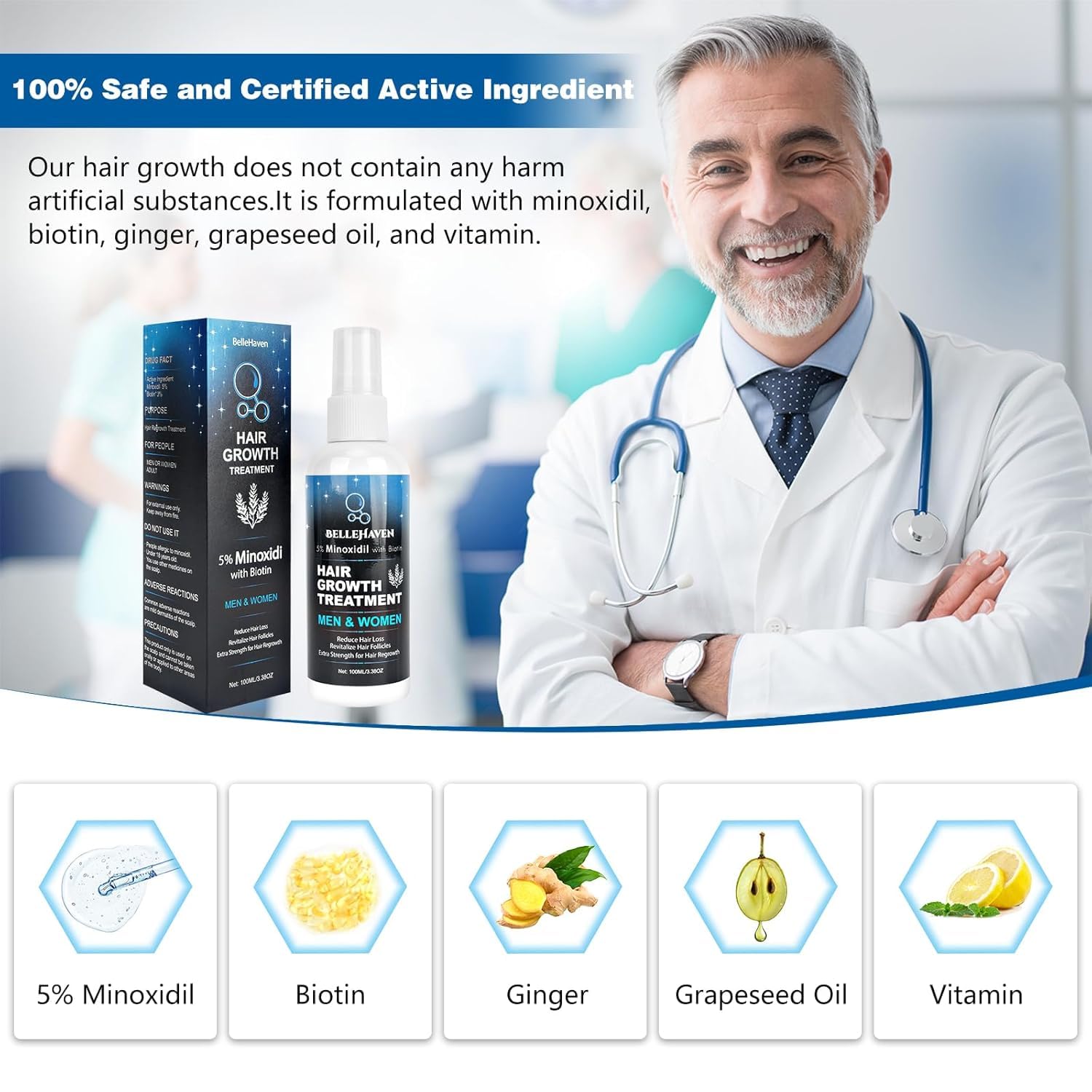 5% Minoxidil for Men Women, 100ML Minoxidil Hair Growth, Hair Regrowth Treatment Spray, Minoxidil Topical Solution Hair Growth Serum Stop Thinning and Loss Hair 2 Month Supply, for Beard, Hair - Medaid International