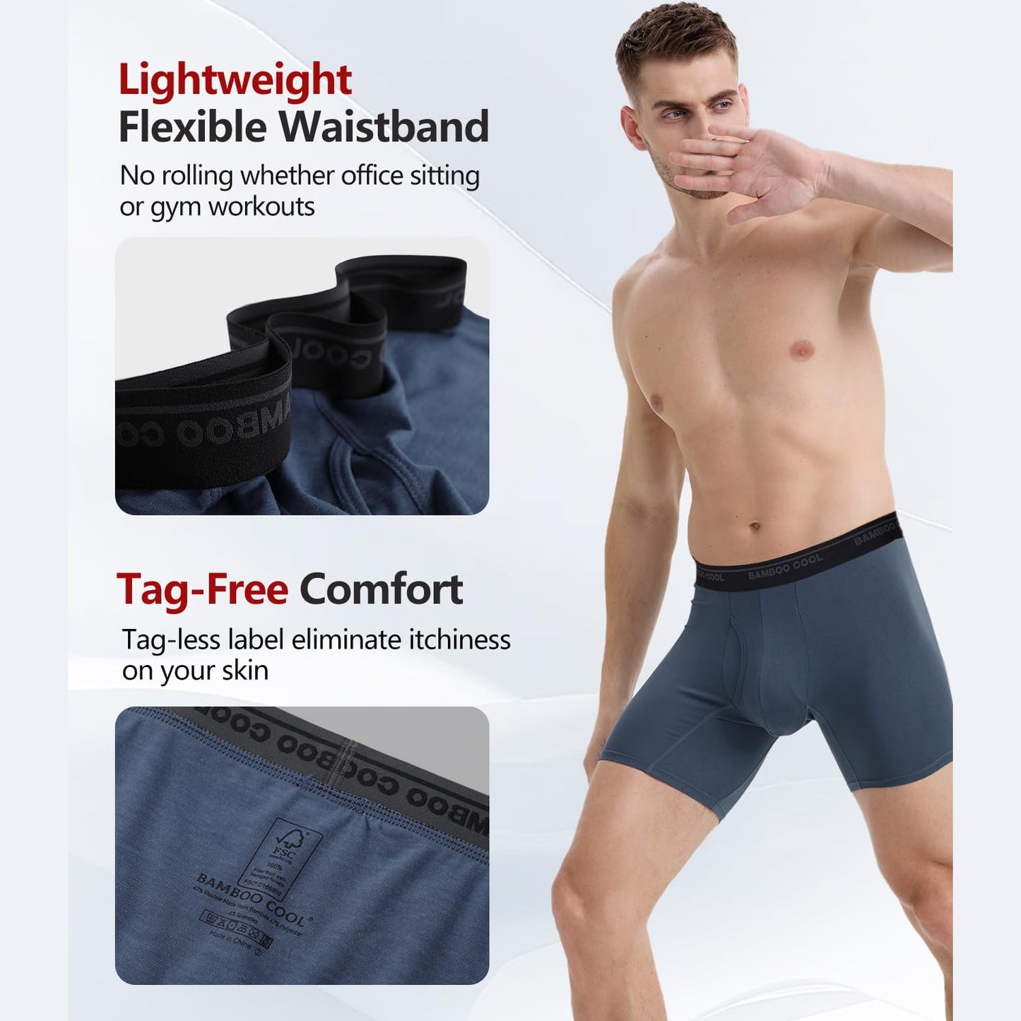 BAMBOO COOL Men's Underwear Boxer Briefs Ultra Breathable Stretch No Riding Up with Fly Multipack - Medaid International
