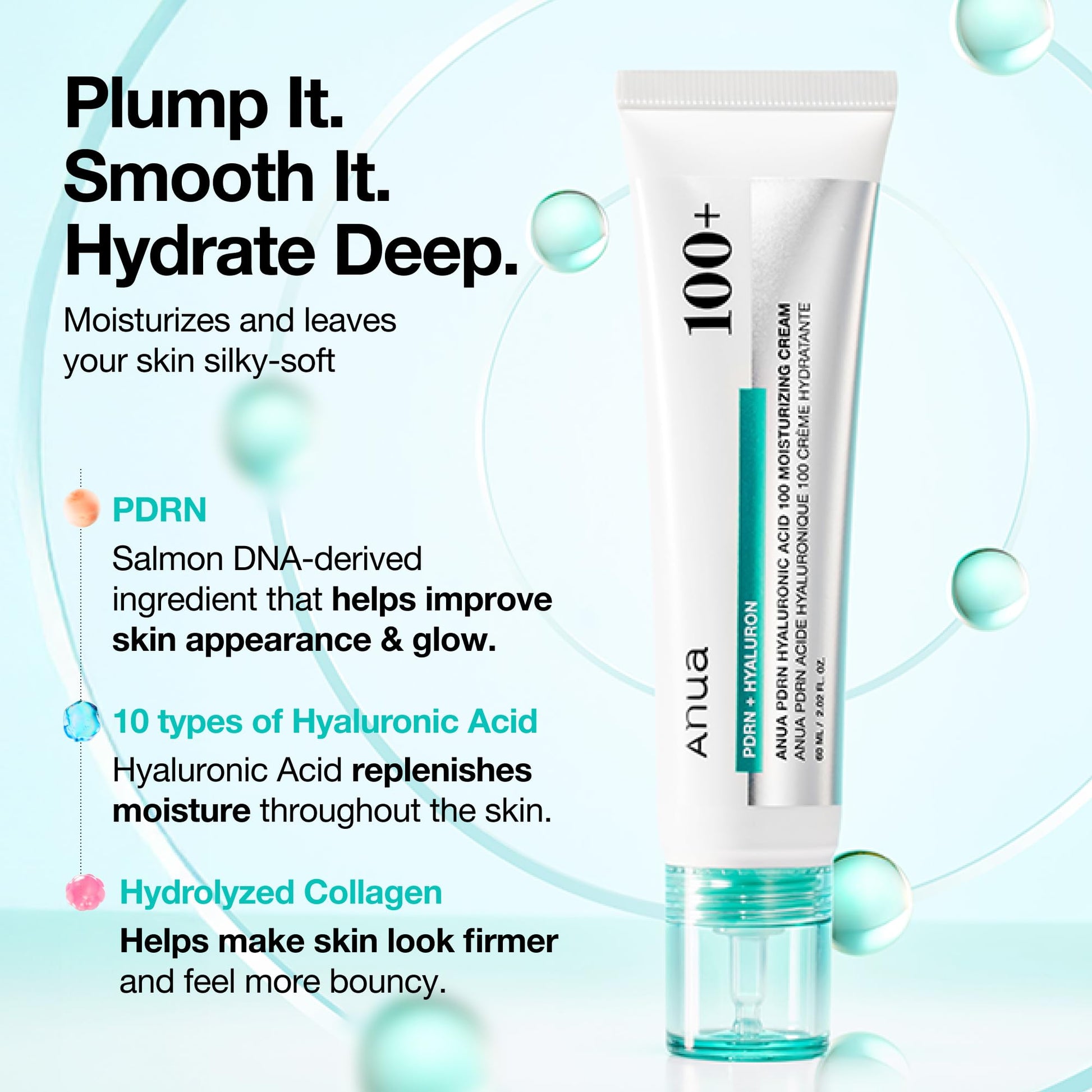 ANUA PDRN Hyaluronic Acid 100 Moisturizing Cream, Lightweight Hydrating Moisturizer with Salmon DNA, Hyaluronic Acid, Collagen For Glass Skin, Korean Skin Care (60ml / 2.02 fl. oz) - Medaid International