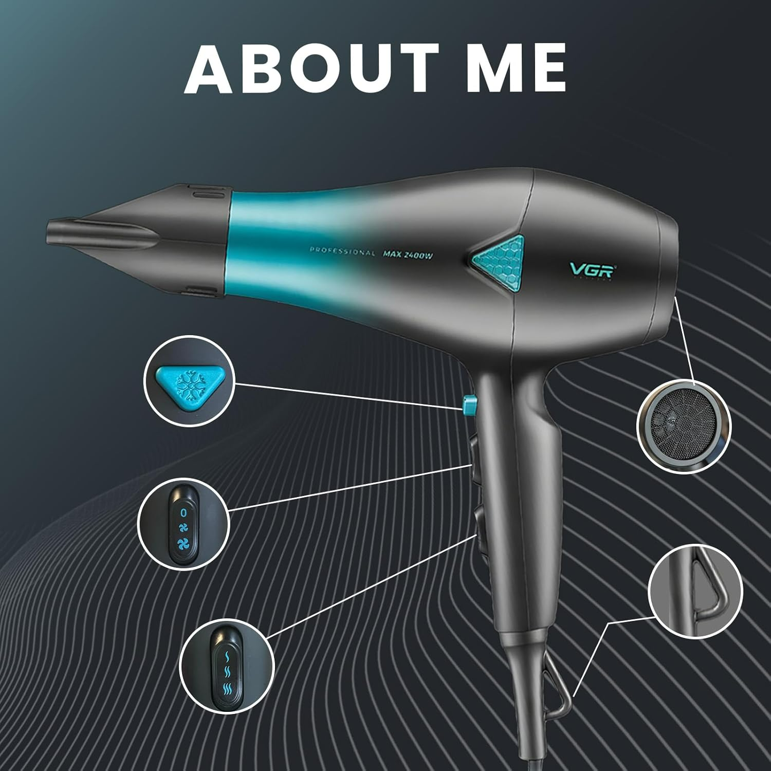 VGR V455 Professional Hair Dryer for both men and women, Independent Cool Shot, 3 Heat and 2 Speed Settings, Detachable Rear Cover - Medaid International