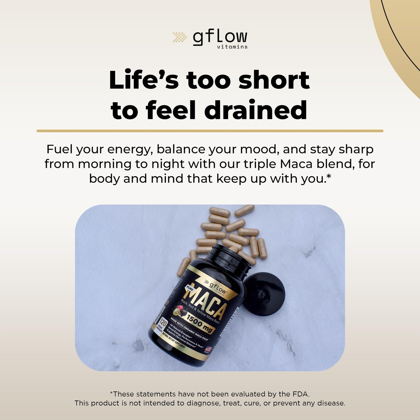 gflow vitamins Organic Maca Root Capsules for Women & Men - Black, Red, Yellow Peruvian Maca Root Extract & Black Pepper - 120 Vegan Pills - Supports Energy, Performance & Mood | Made in USA - Medaid International