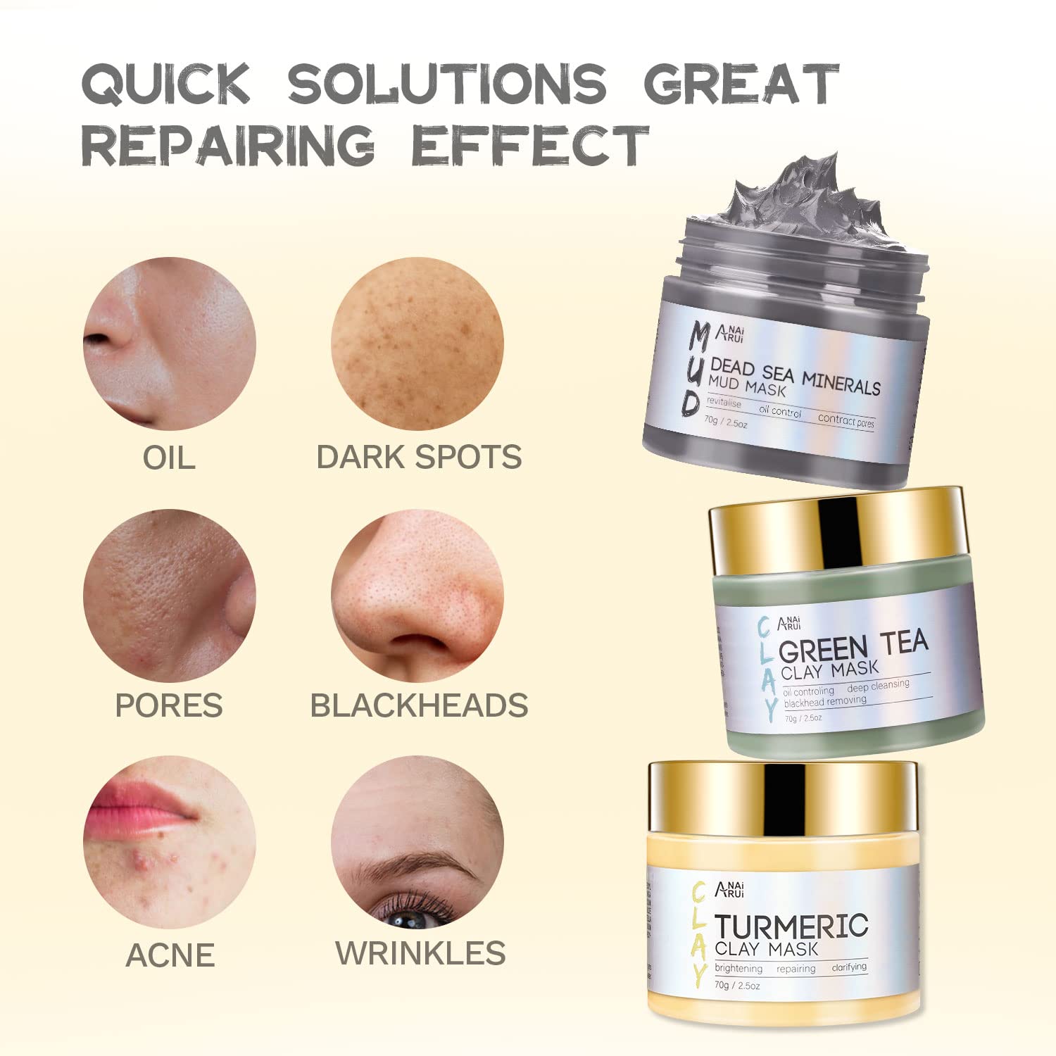 ANAI RUI 3Pcs Face Mask Set, Turmeric Clay Mask - Green Tea Face Mask - Dead Sea Minerals Mud Mask, Holiday Gift Set, Stocking Stuffers for Women &Teen Girls, Self Care Gifts for Women 2.5 oz each - Medaid International