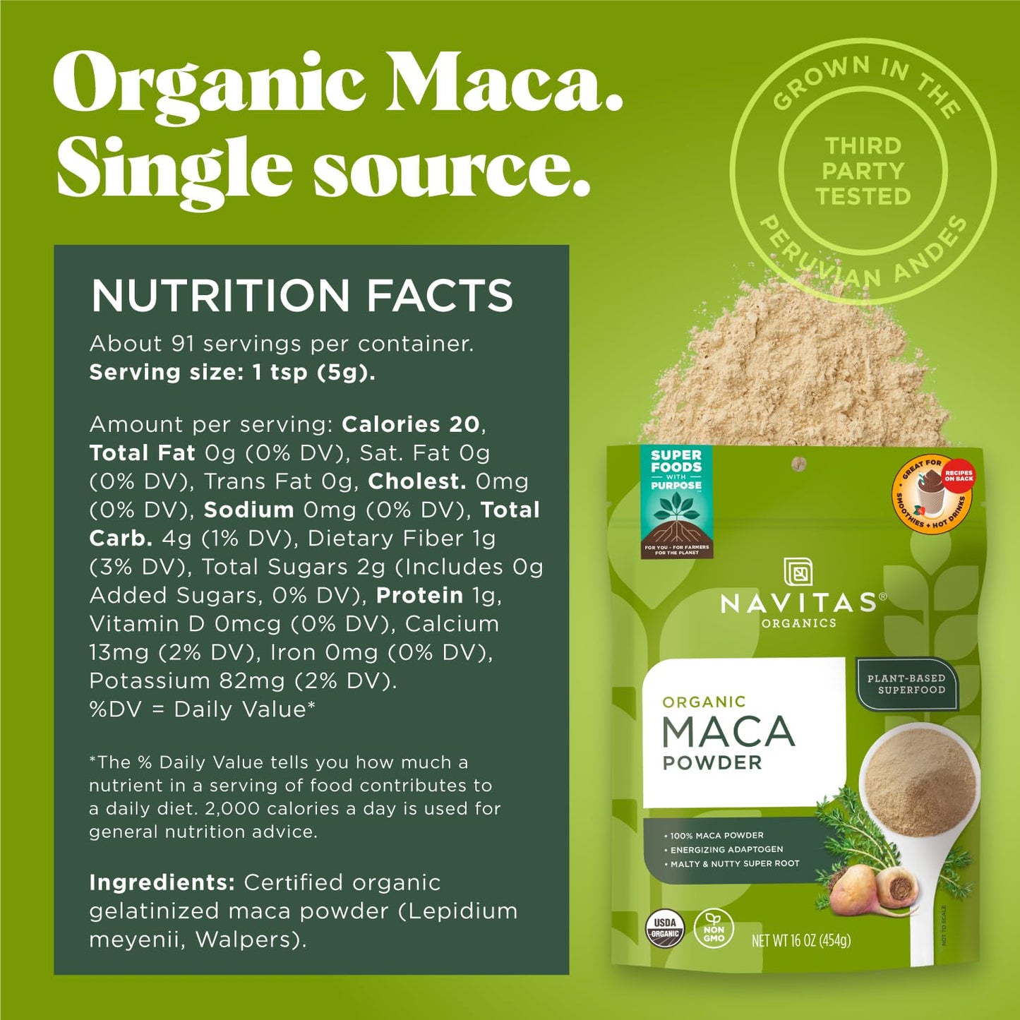 Navitas Organics Maca Powder – 100% Gelatinized Peruvian Maca for Smoothies, Lattes, Baking & More – Energize & Balance - USDA Organic, Non GMO, Vegan, Gluten Free (16oz. Bag, 180 Servings, 2-Pack) - Medaid International