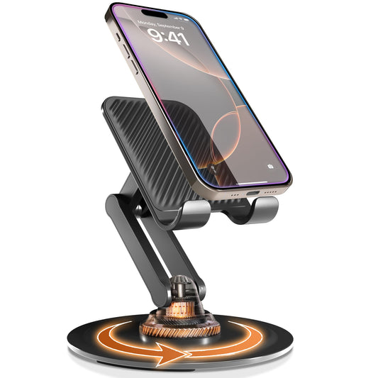 COOPER 360° Stand, Rotating Cell Phone Stand for Desk | Sturdy Metal Base, Foldable, Portable | Cell Phone Holder for Desk (Piano Black) - Medaid International